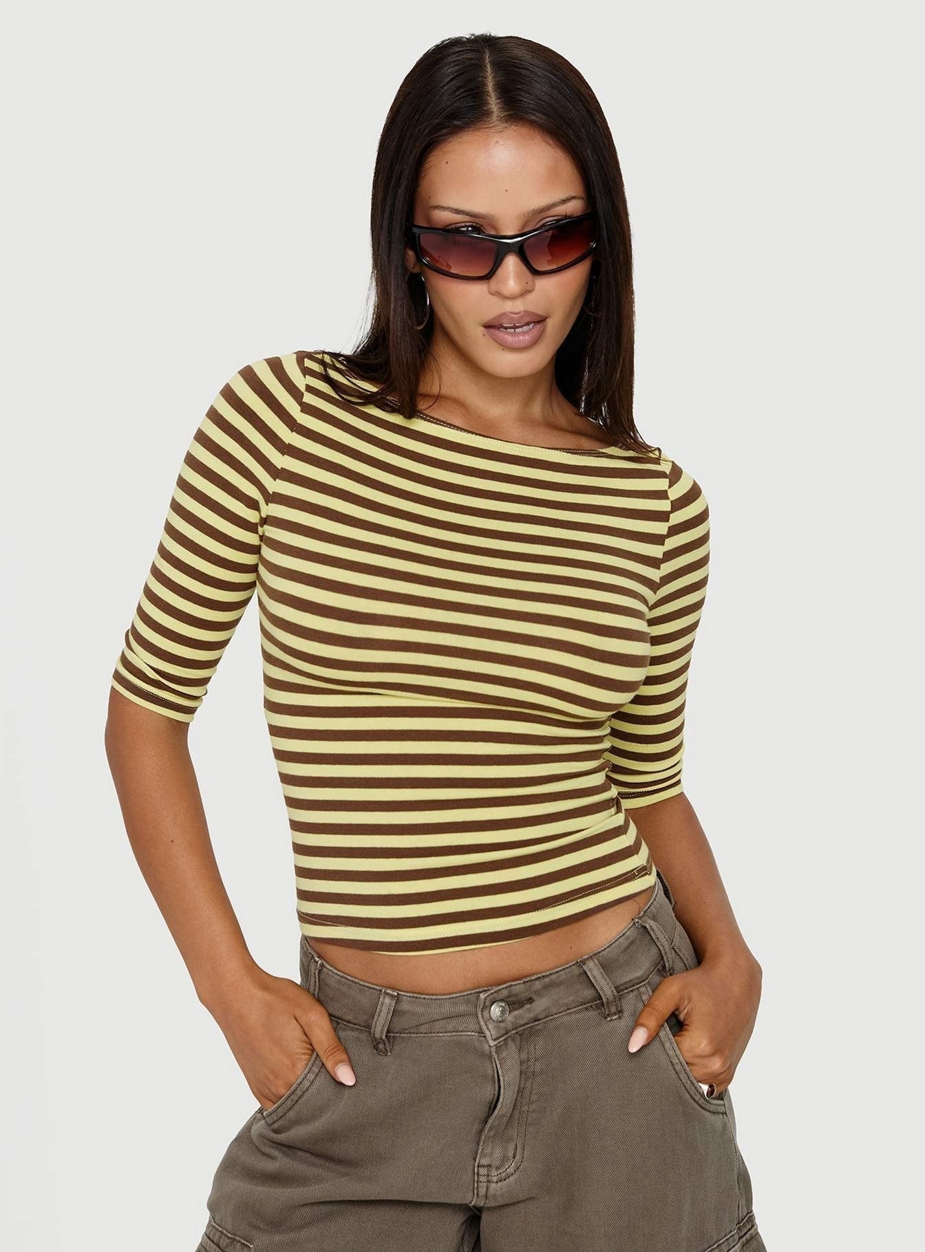 Darling Days 3/4 Sleeve Top Chocolate / Yellow Stripe