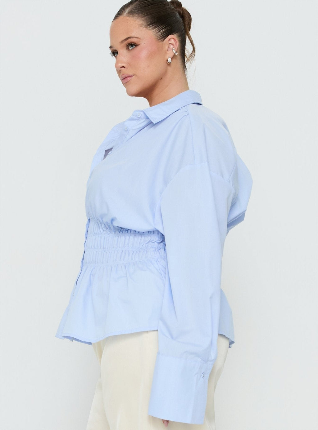 As You Are Shirred Button Up Top Soft Blue Curve