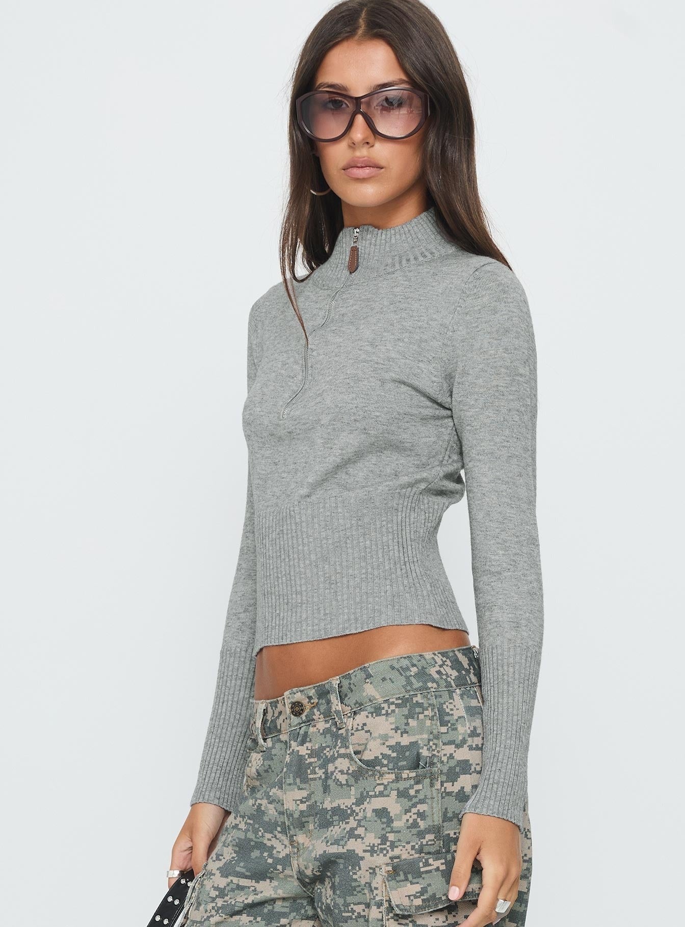 Set Adrift Zip Up Knit Sweater Grey