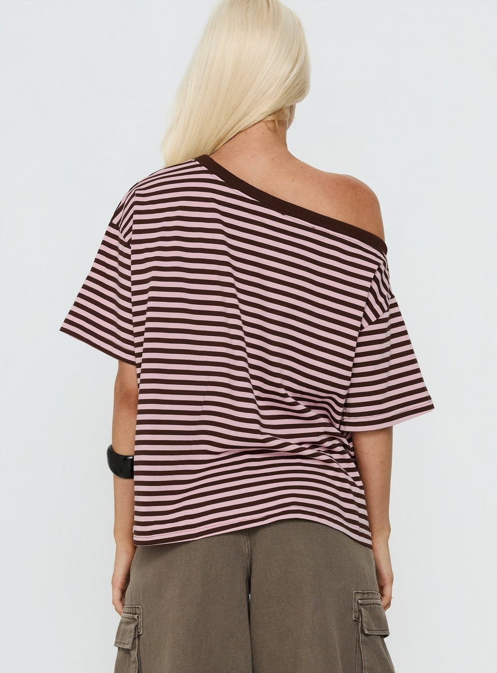 Settle Down One Shoulder Top Pink / Chocolate Stripe