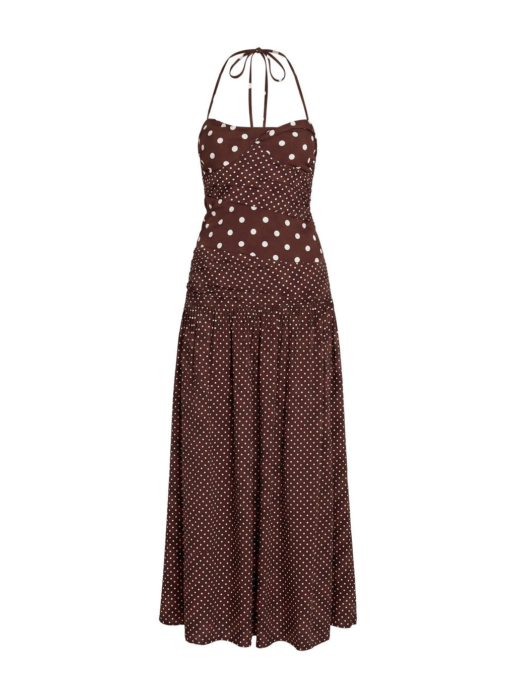 Marguerite Halter Maxi Dress Brown Polka Dot
