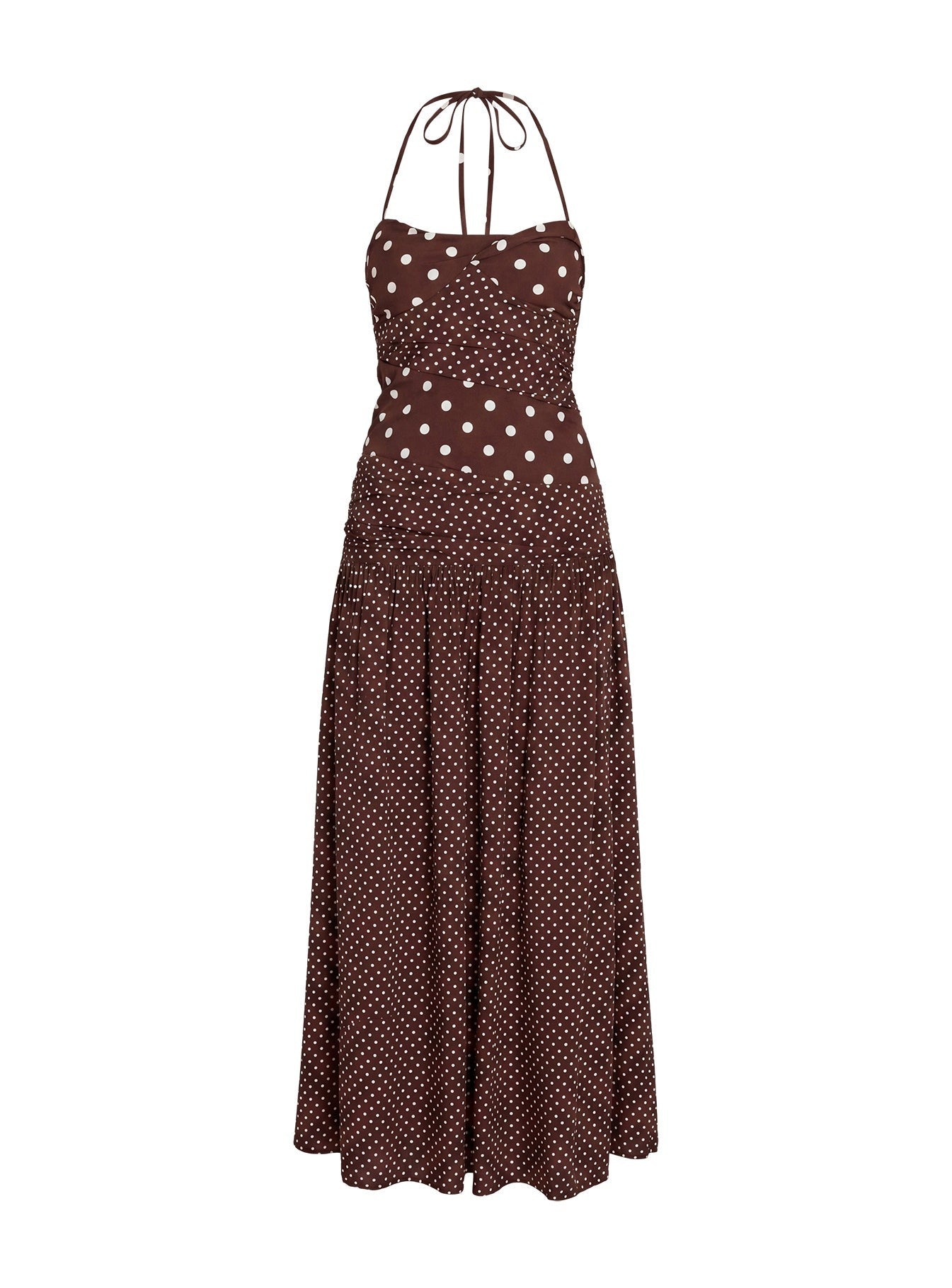 Marguerite Halter Maxi Dress Brown Polka Dot