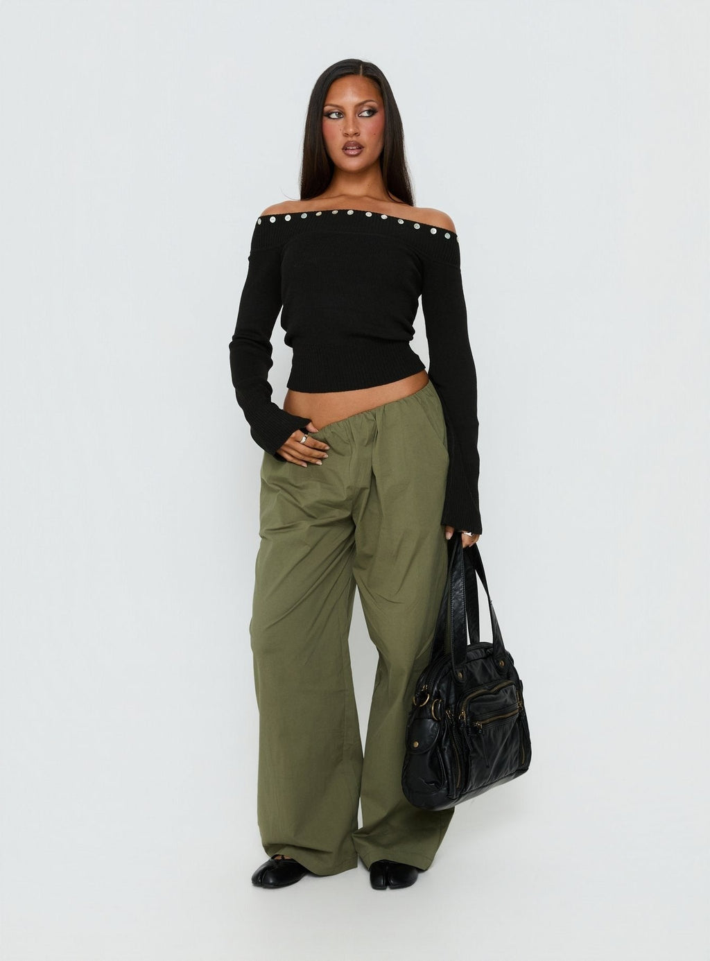 Miralys Off Shoulder Long Sleeve Knit Top Black