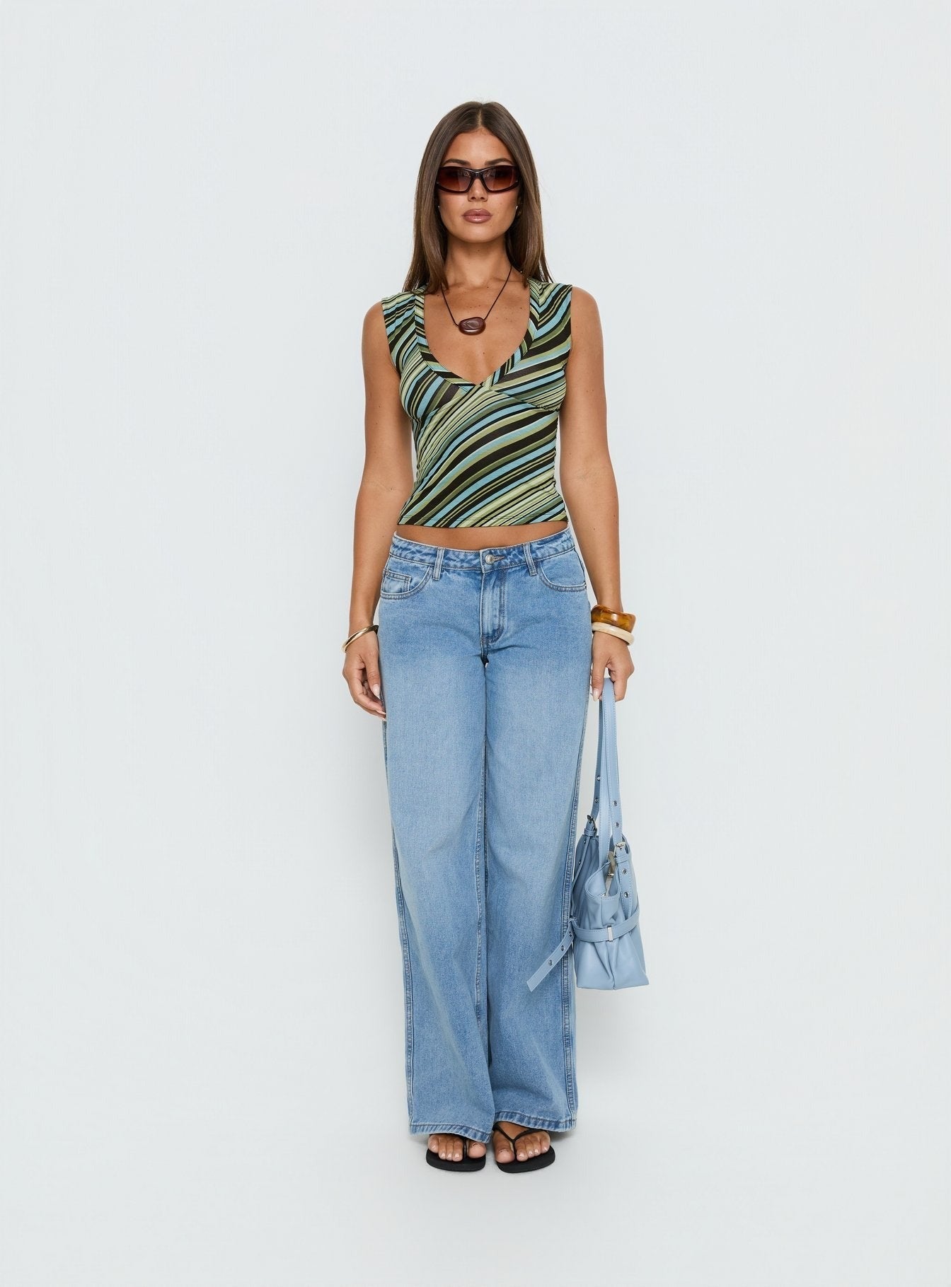 Ramos Low Rise Wide Leg Denim Jeans Bright Blue Wash