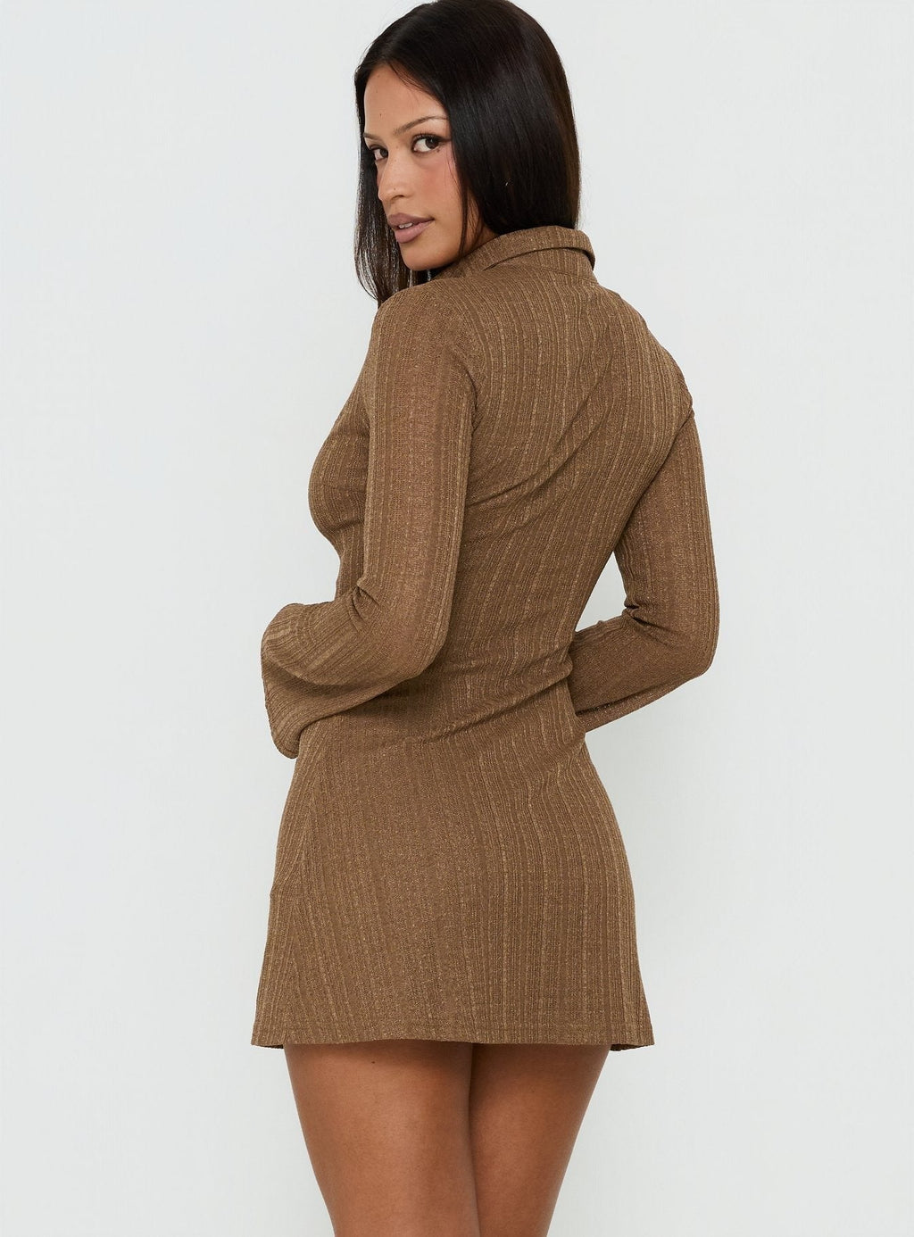 When You Sleep Long Sleeve Mini Dress Cocoa Brown