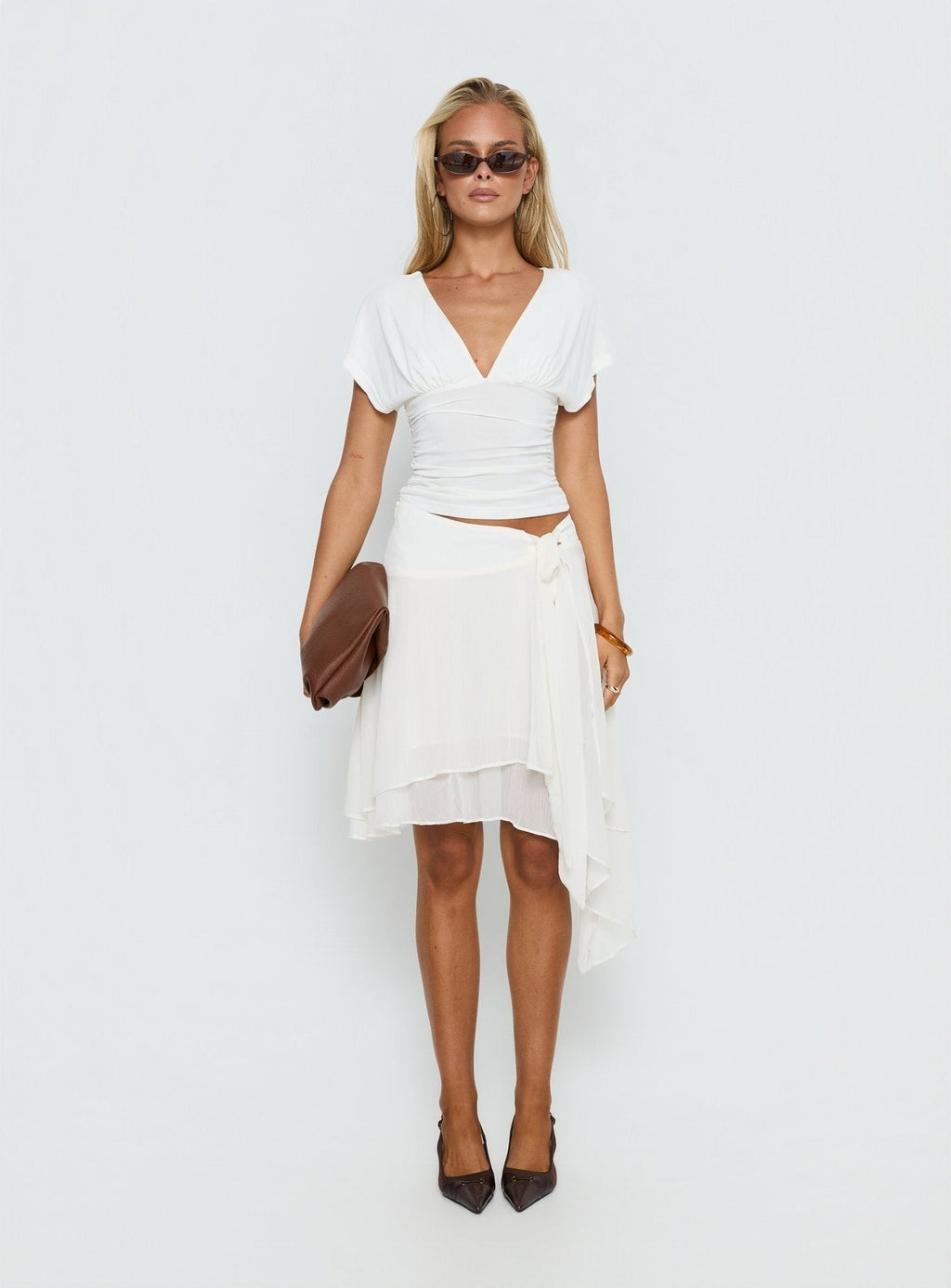 Mattey Cinched V Neck Top White