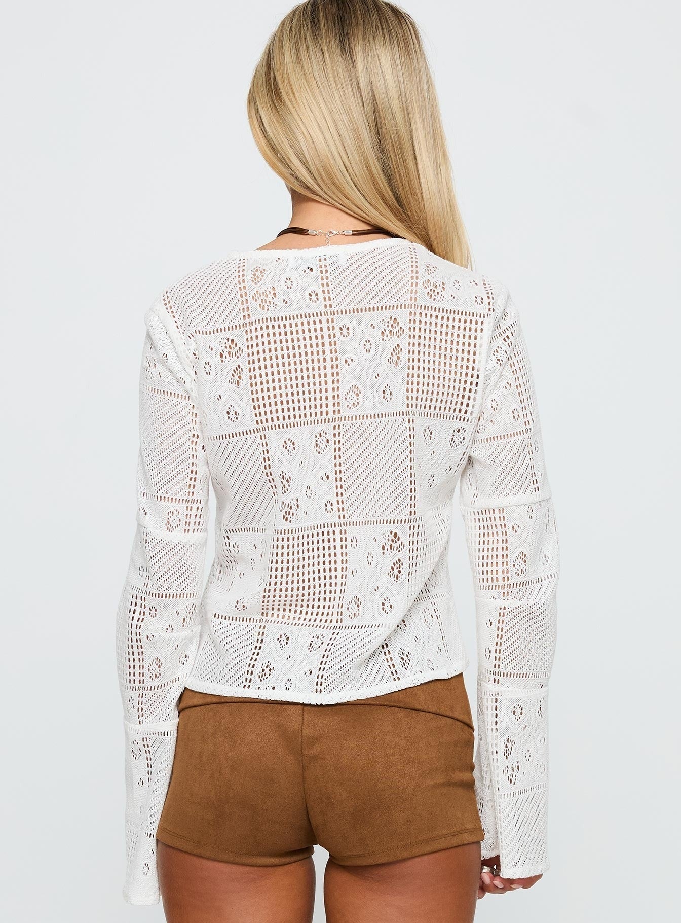 Mine For Life Crochet Long Sleeve Top White