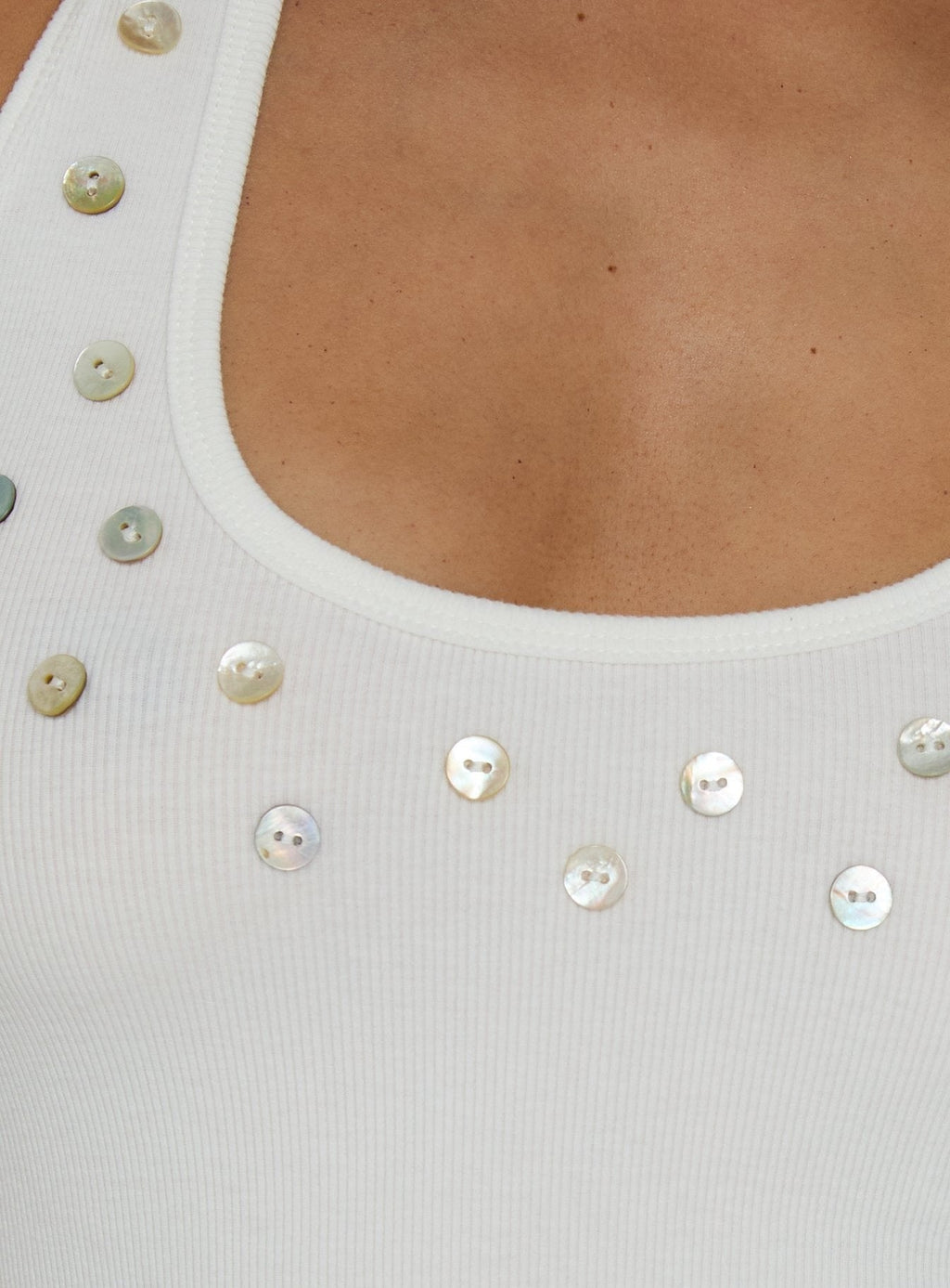 Renara Halter Ribbed Button Top White