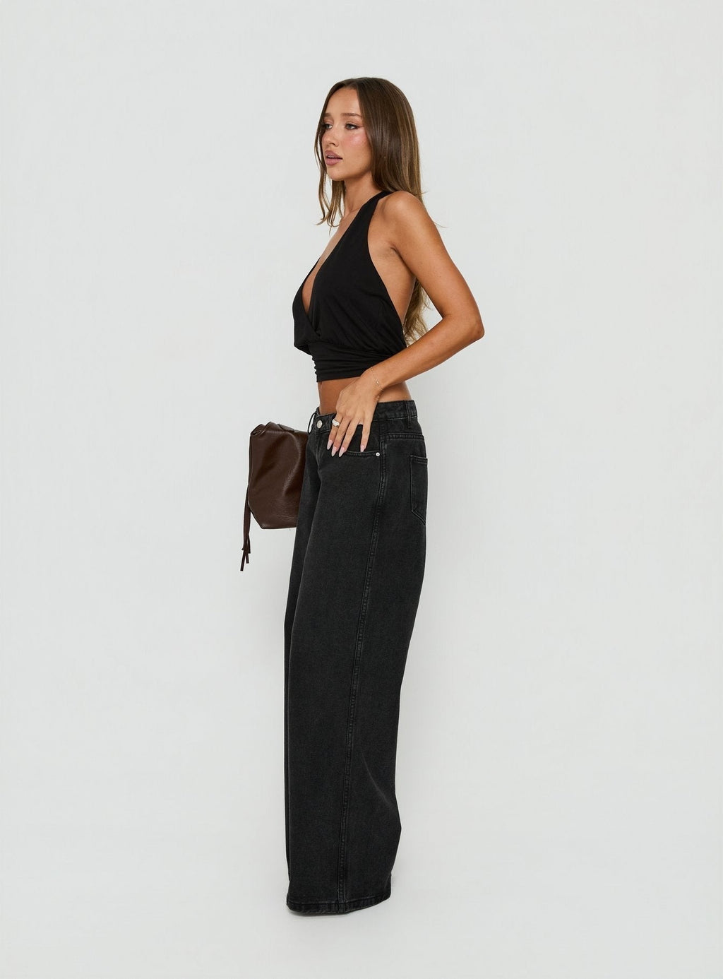 Picco Ultra Low Rise Wide Leg Jeans Washed Black