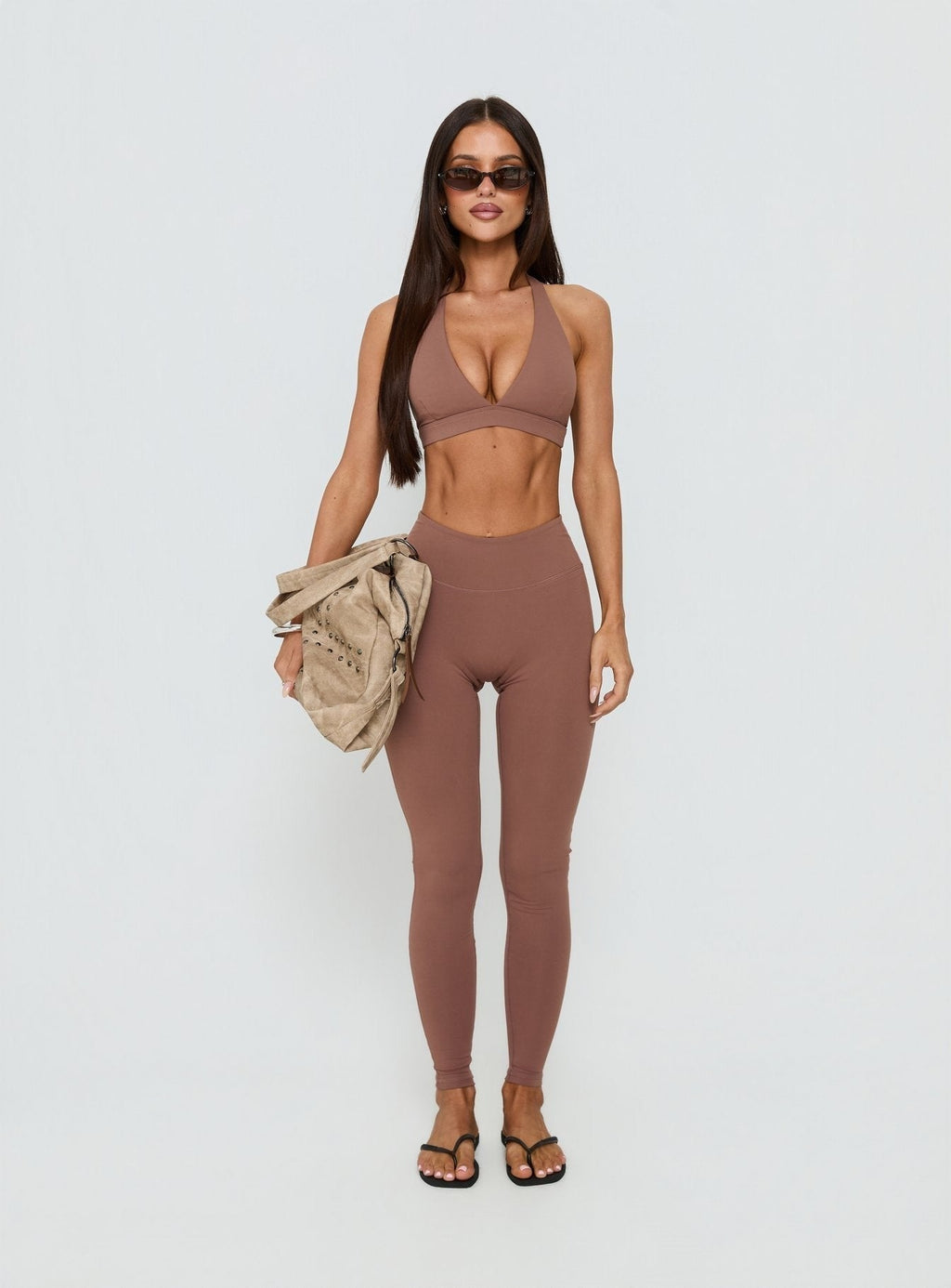 In Motion Active Plunge Halter Crop Top Clay