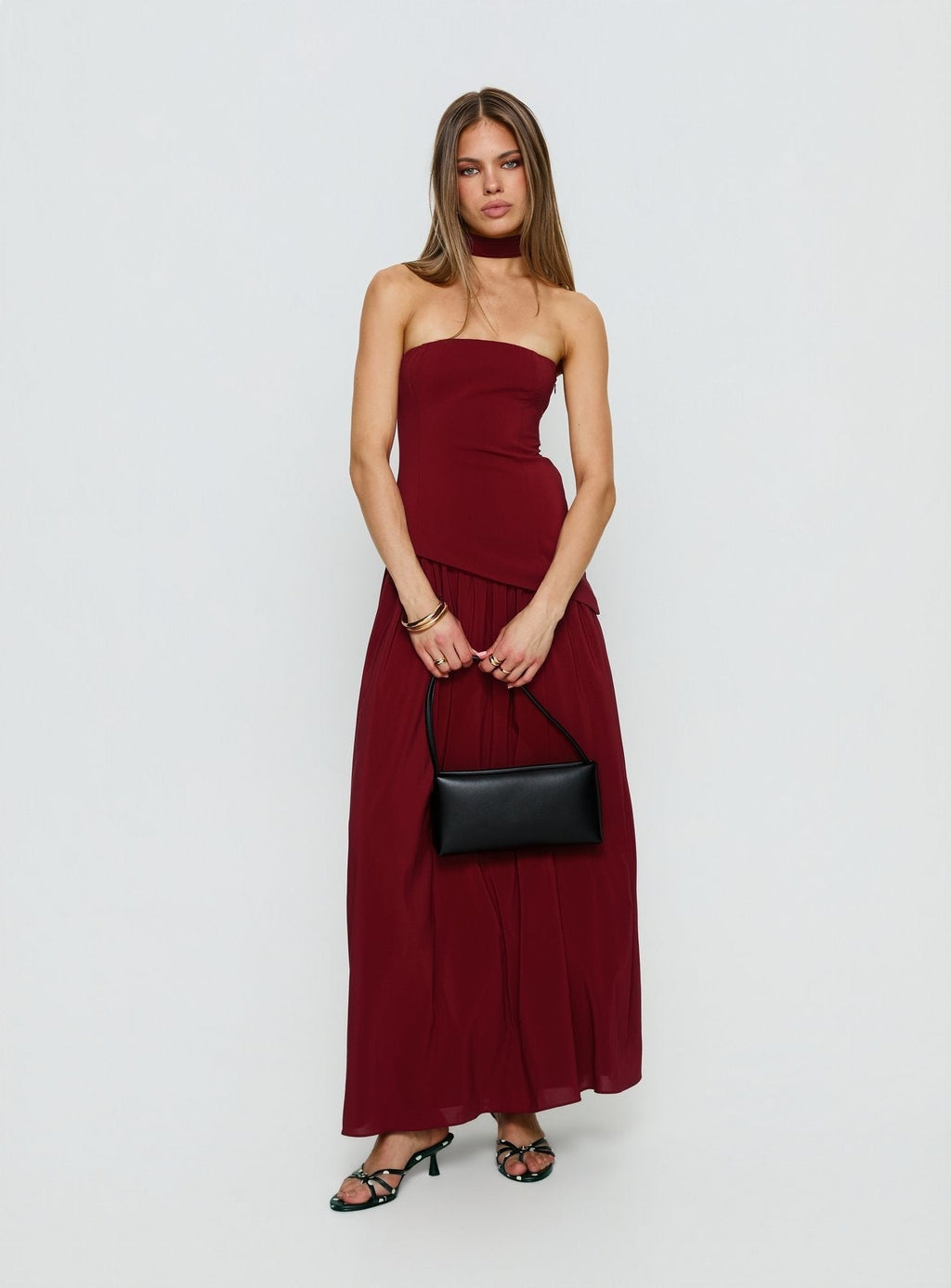 Odela Strapless Scarf Drop Waist Maxi Dress Cherry