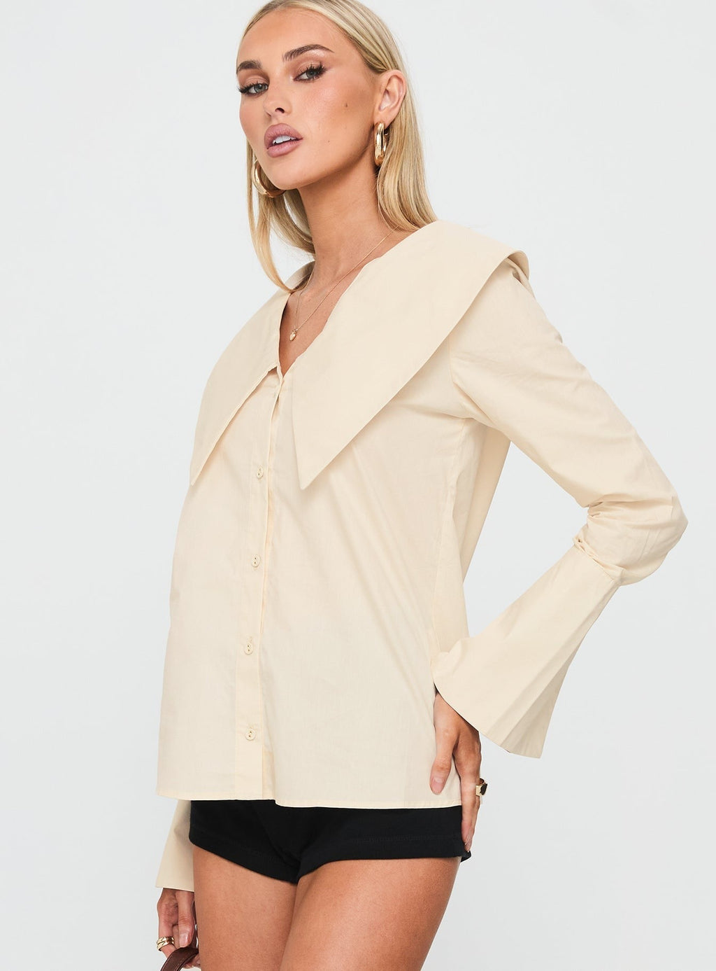 Zelina Oversized Collar Long Sleeve Top Beige