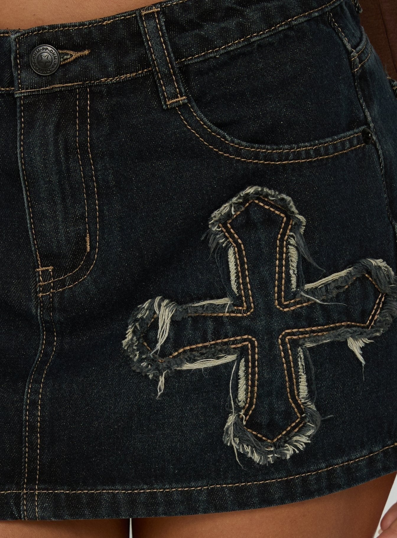Barracuda Applique Denim Mini Skirt Grunge Wash