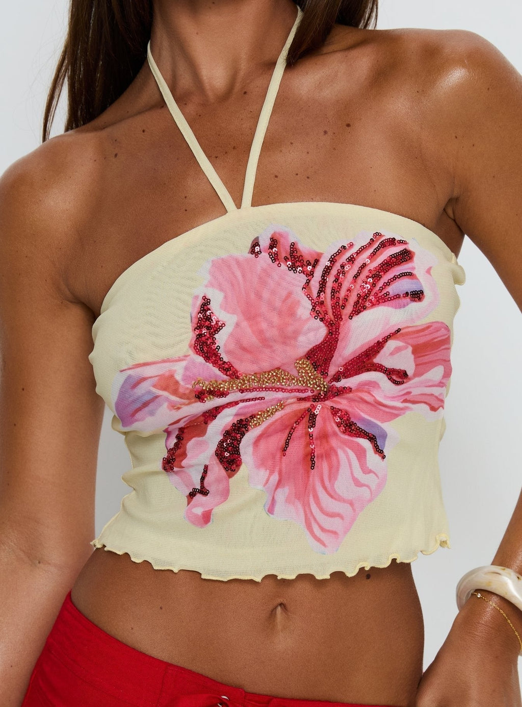 Maurissa Mesh Tie Neck Top Lemon Floral