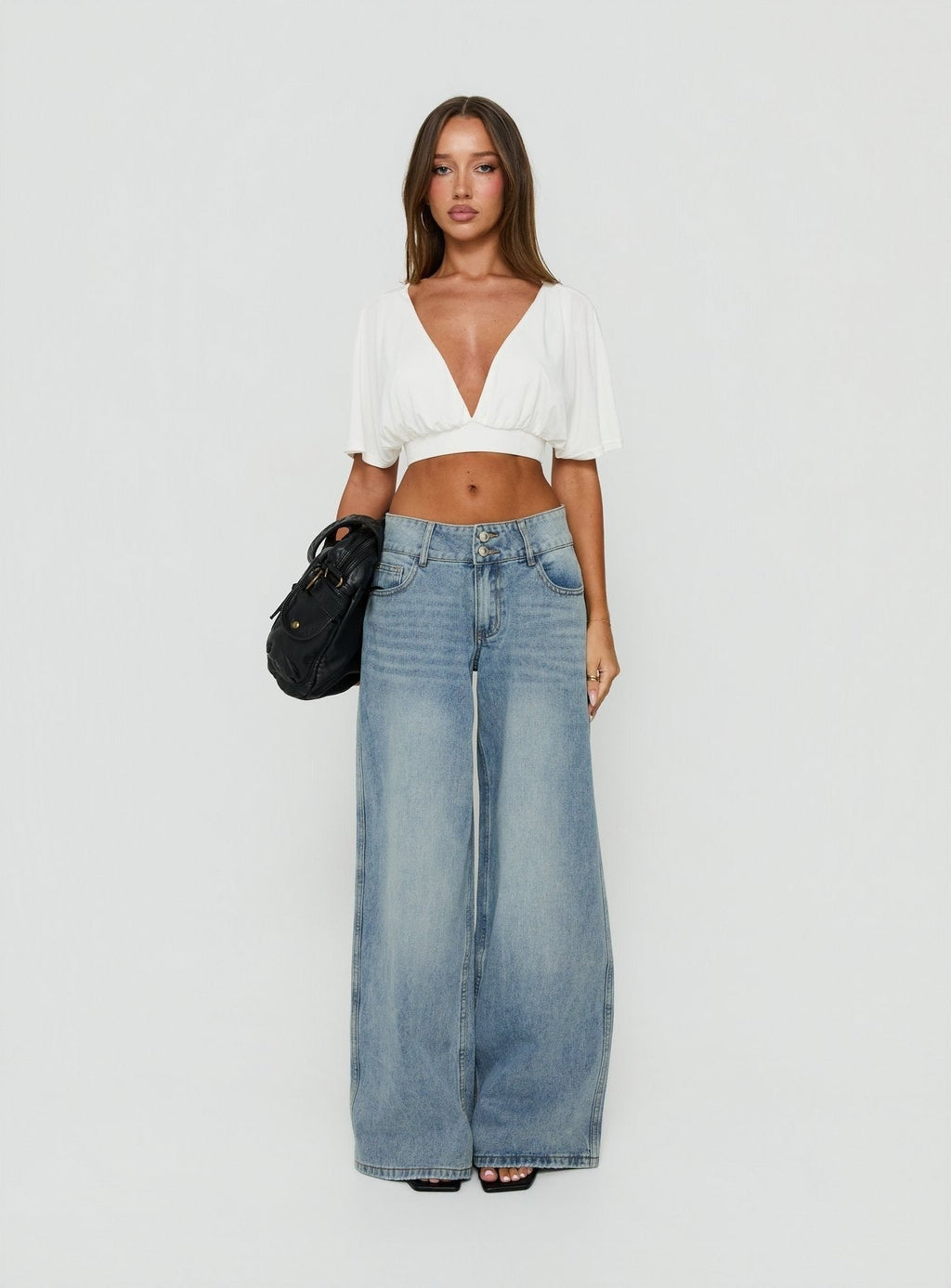 Ramos Low Rise Double Button Wide Leg Jeans Light Vintage Blue