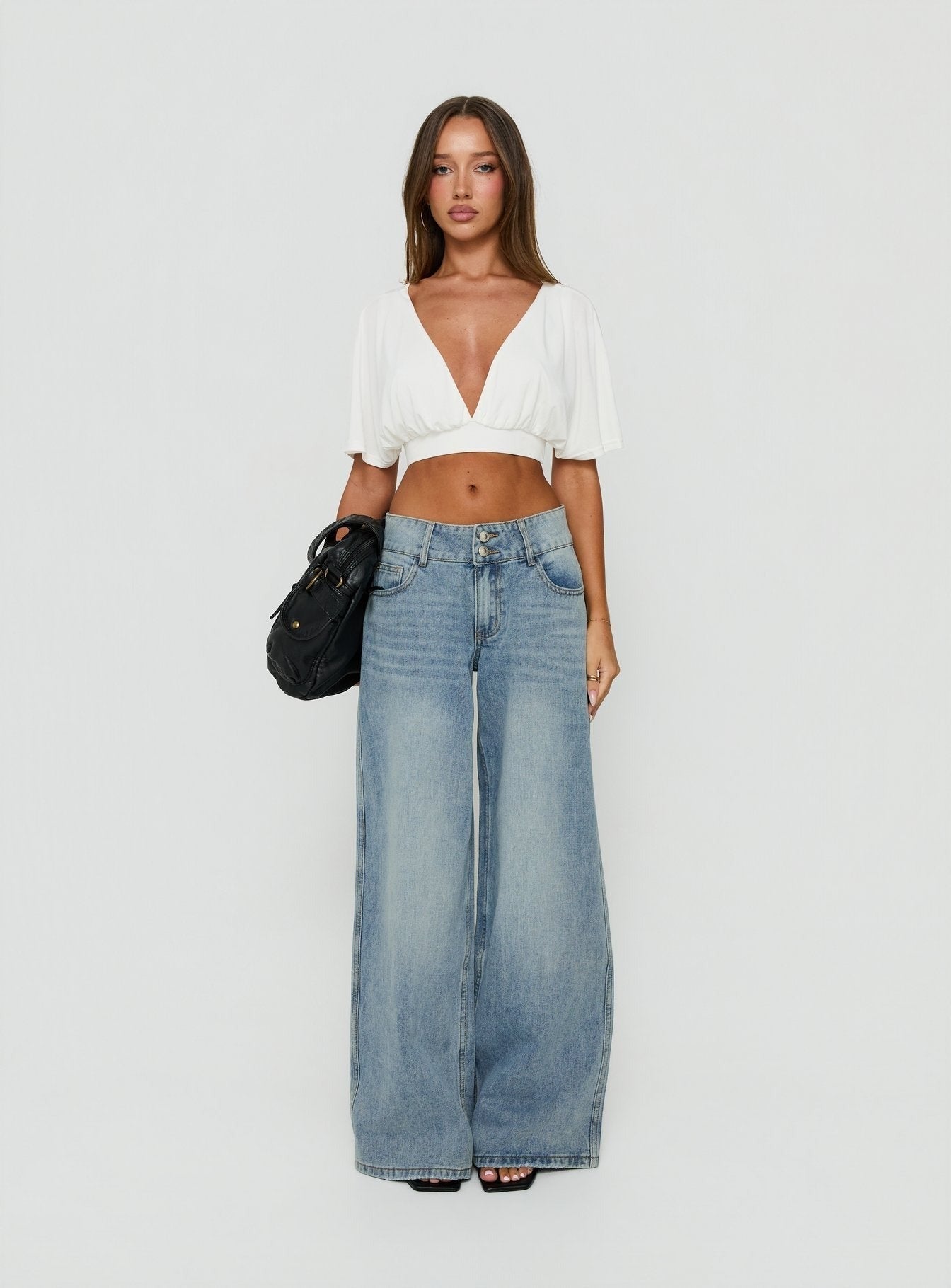 Ramos Low Rise Double Button Wide Leg Jeans Light Vintage Blue