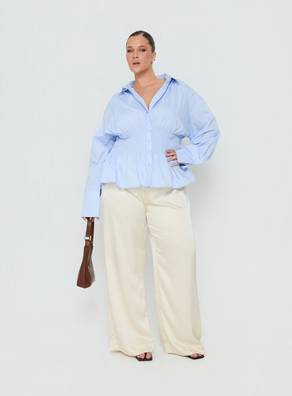As You Are Shirred Button Up Top Soft Blue Curve