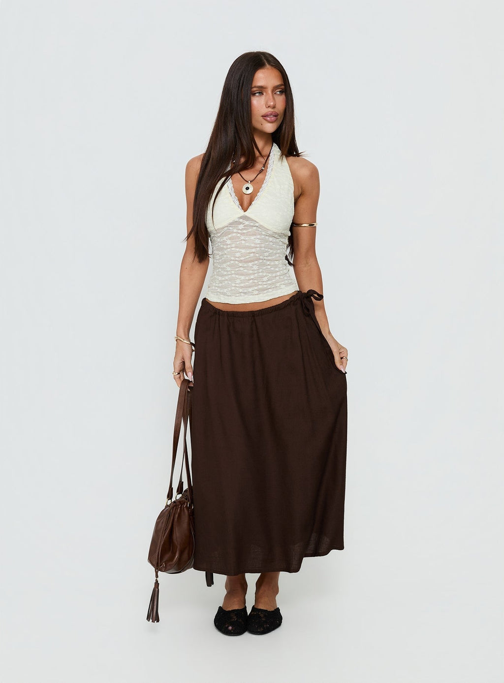 Persuasion Tie Side Midi Skirt Chocolate