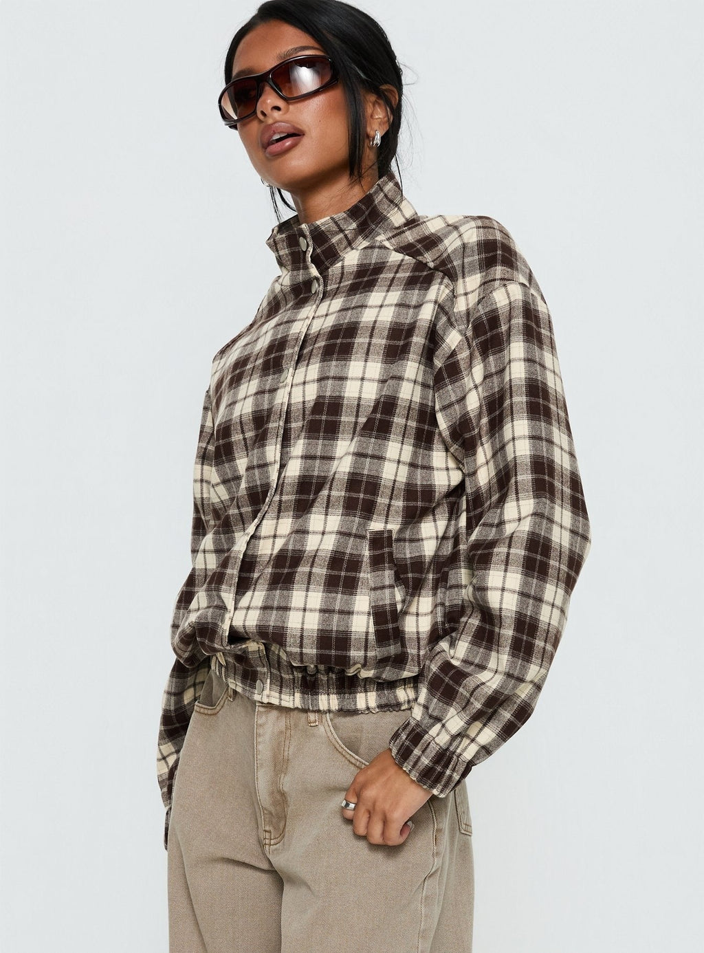 Khodana Funnel Neck Button Down Jacket Brown Check