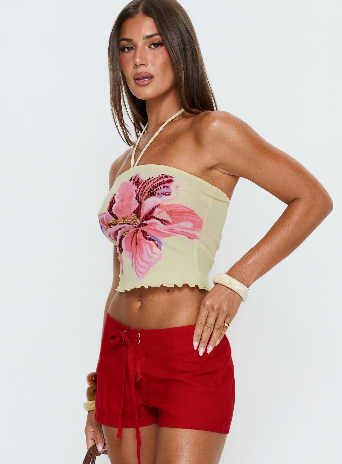 Maurissa Mesh Tie Neck Top Lemon Floral