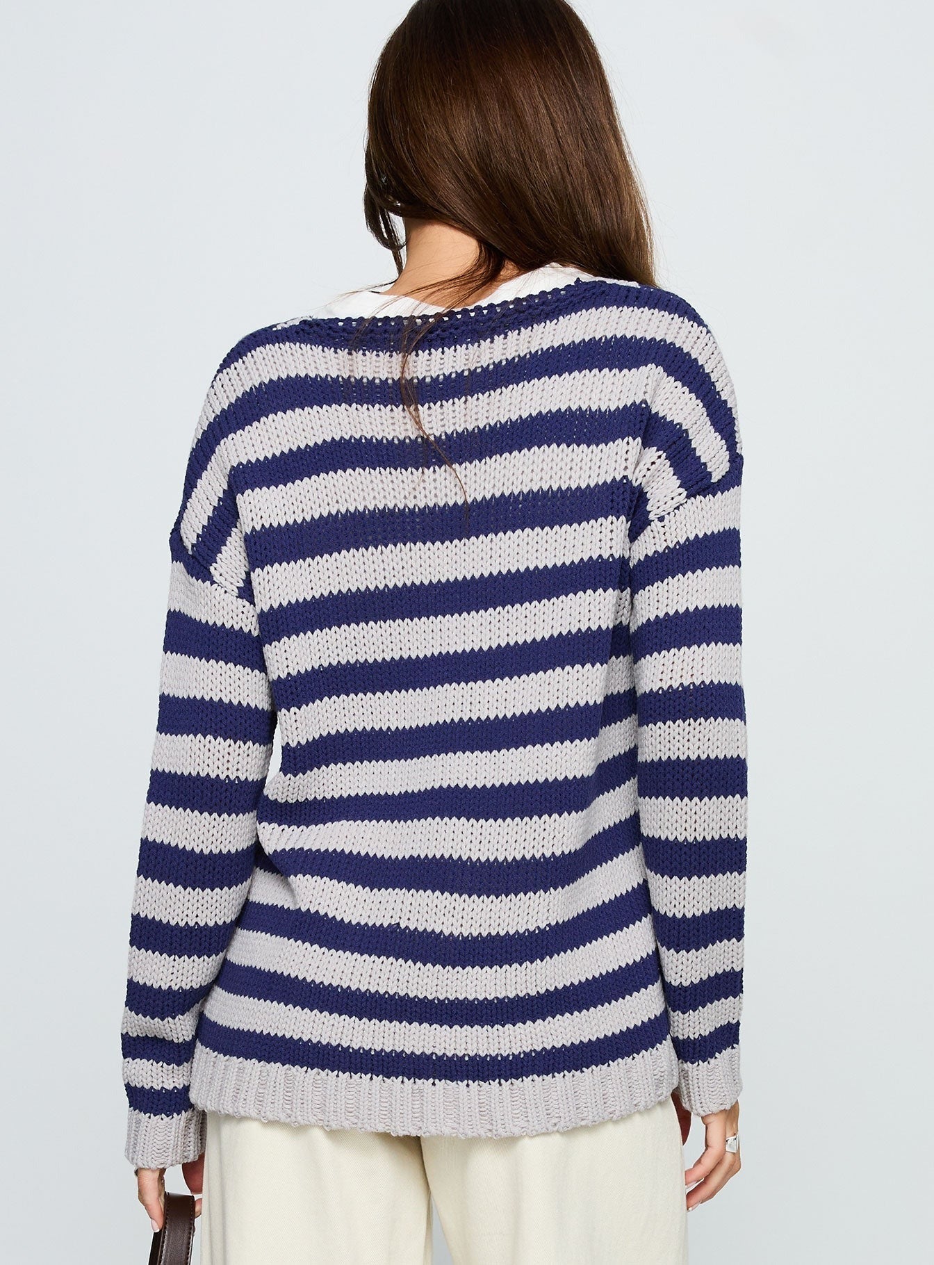 Drayven V Neck Knit Sweater Blue Stripe