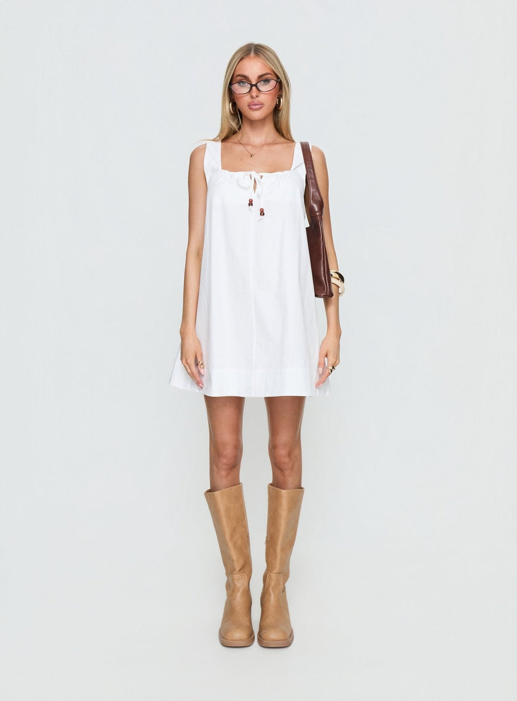 Barbel Square Neck Tie Detail Mini Dress White