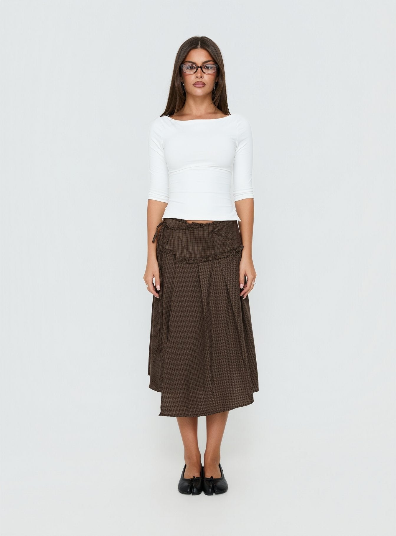 Ginella Pleated Tie Side Midi Skirt Brown Check