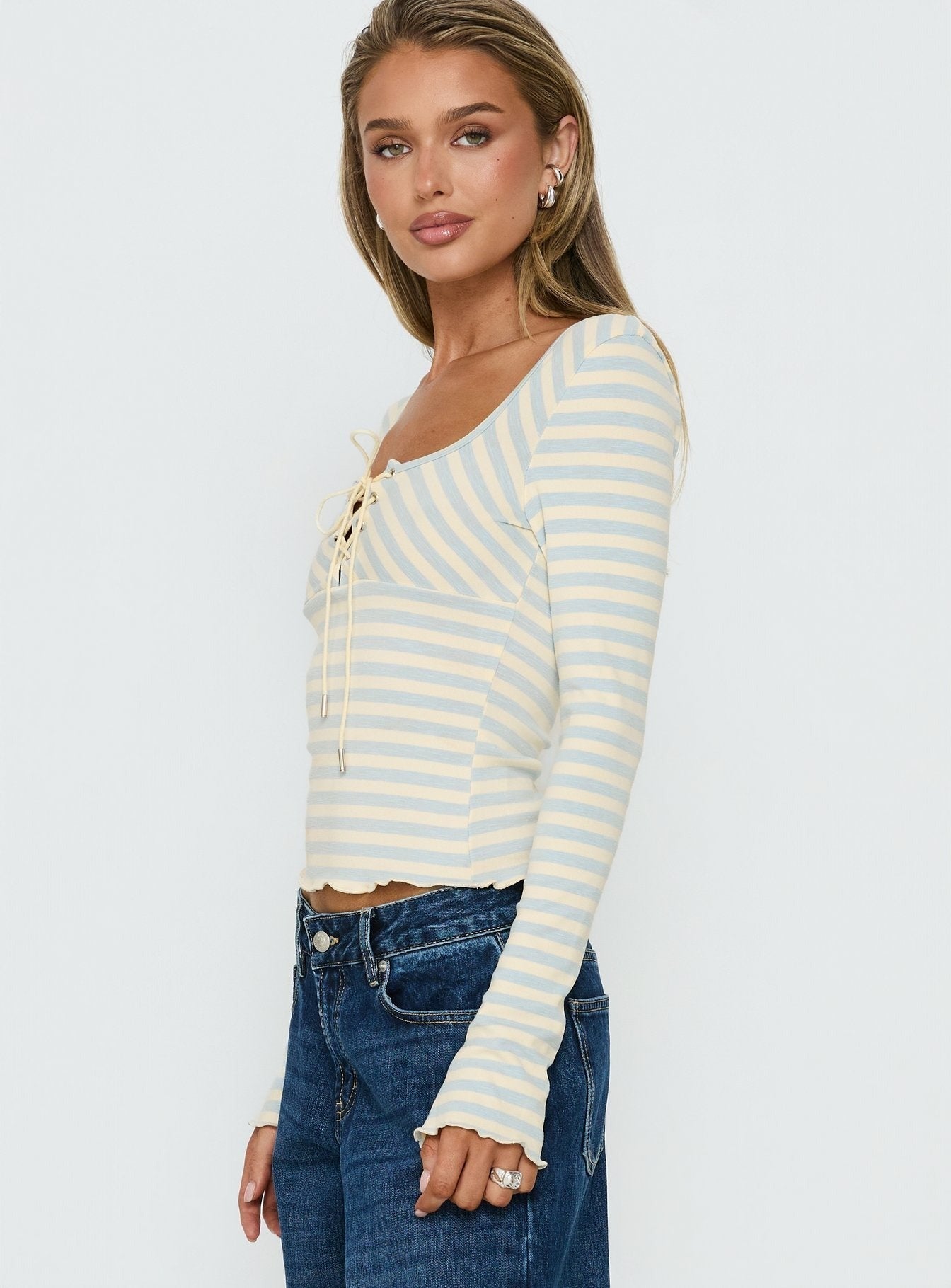 Jacenda Tie Up Long Sleeve Top Blue Stripe