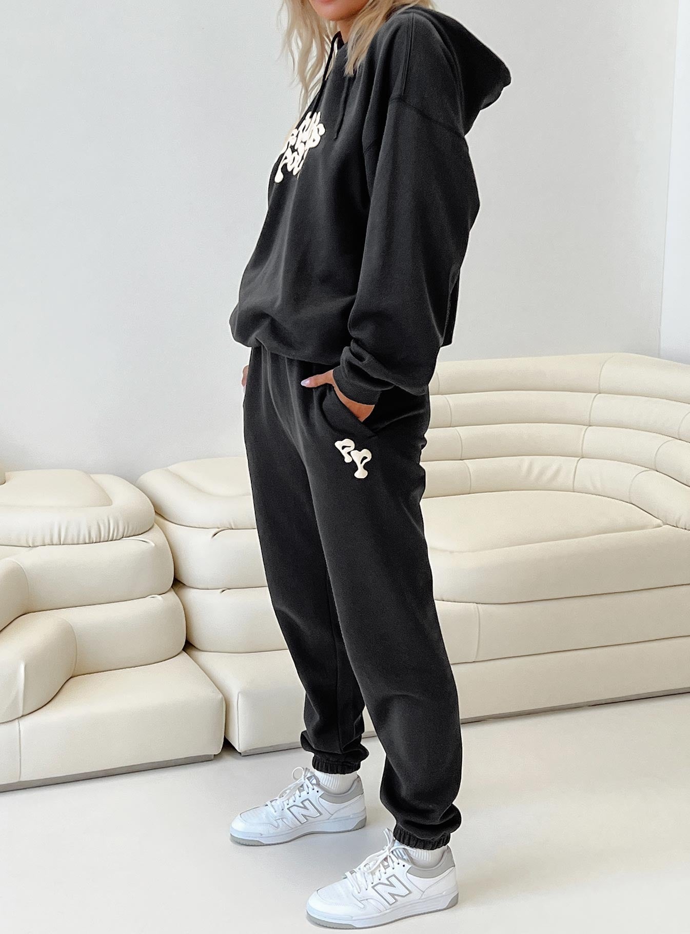 Princess Polly Track Pants Squiggle Text Black Sand / Eggshell