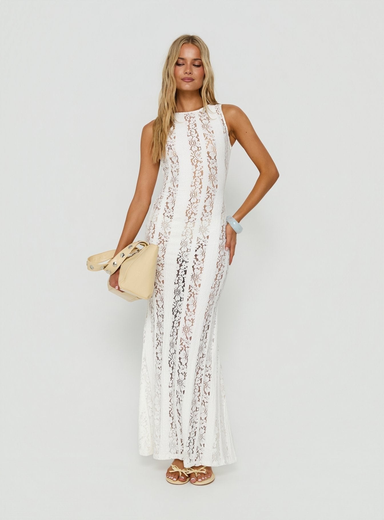 Laurenza Sheer Lace Maxi Dress Off White