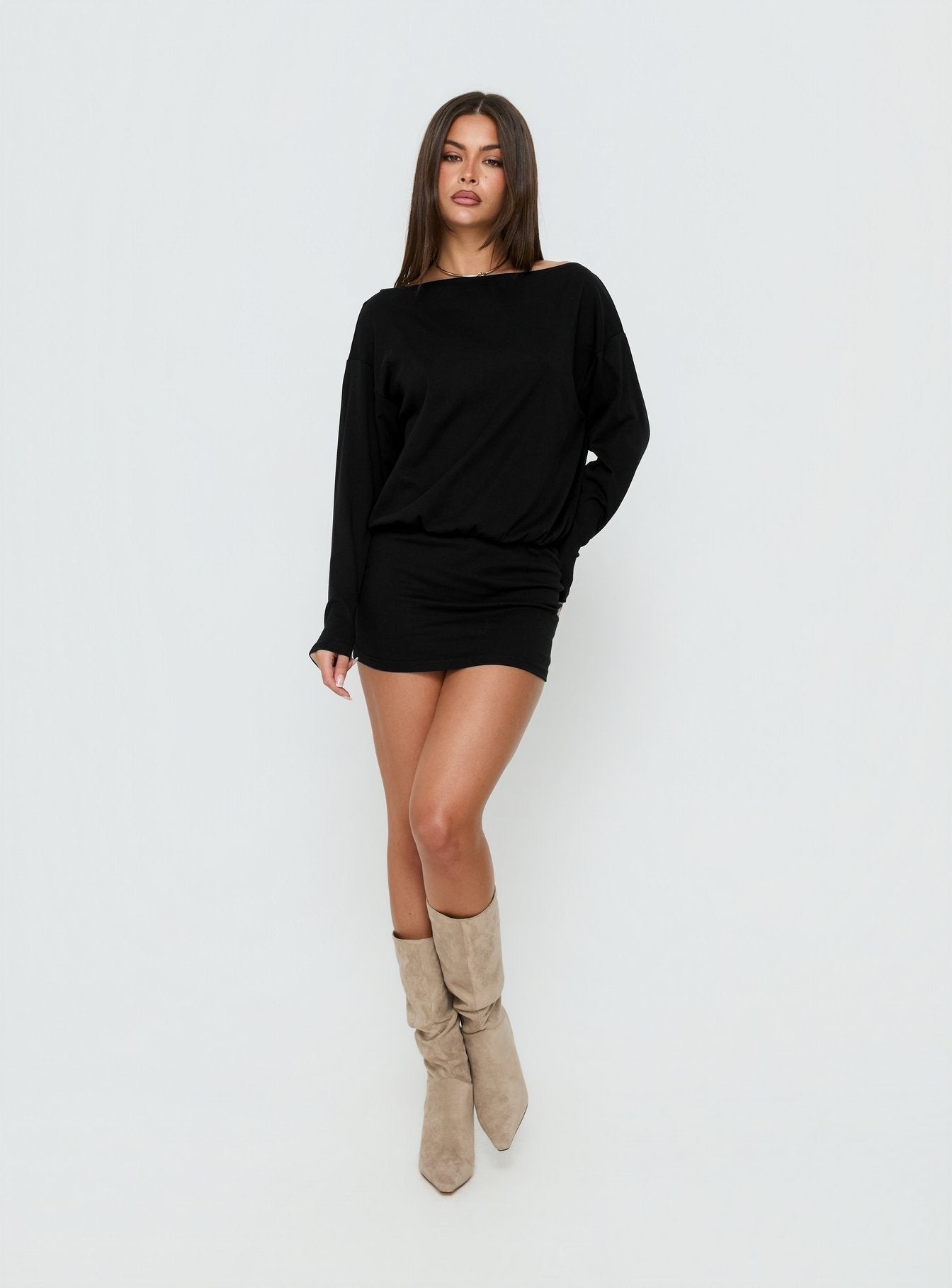 Worlds Away Long Sleeve Blouson Mini Dress Black