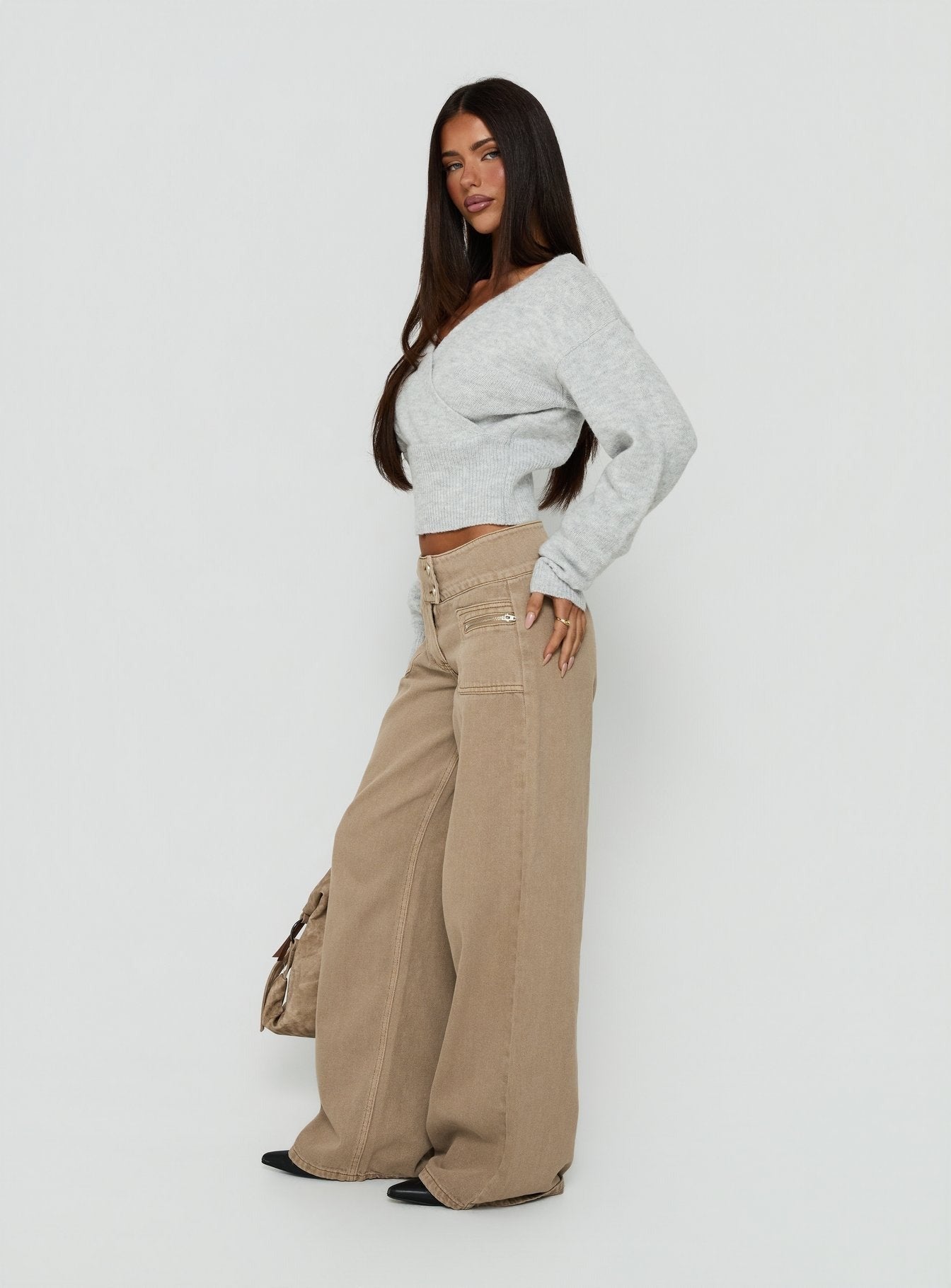 Unwritten Mid Rise Wide Leg Jeans Washed Brown