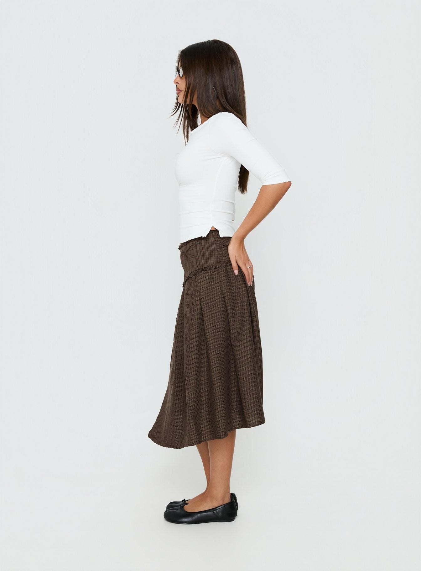 Ginella Pleated Tie Side Midi Skirt Brown Check
