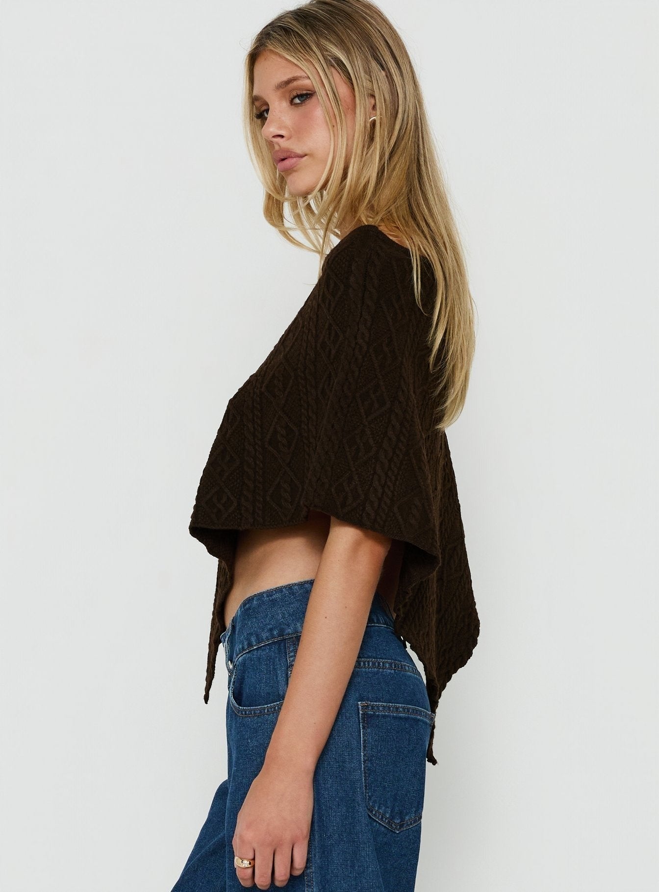 Esanna Off Shoulder Knit Poncho Brown