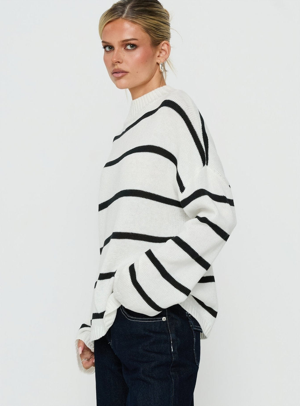 Alara Mock Neck Knit Sweater White Stripe