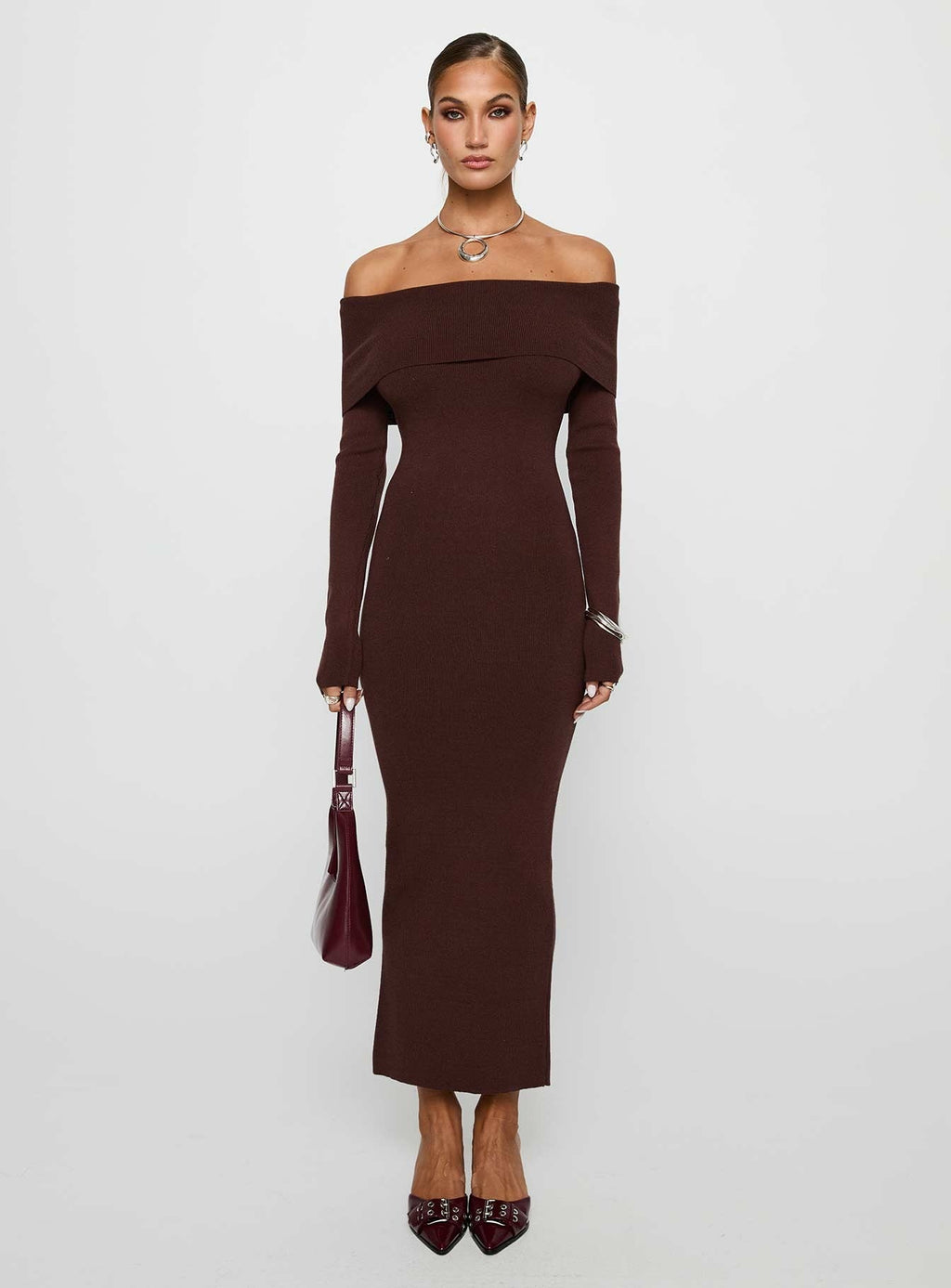 Celestara Long Sleeve Off Shoulder Maxi Dress Chocolate