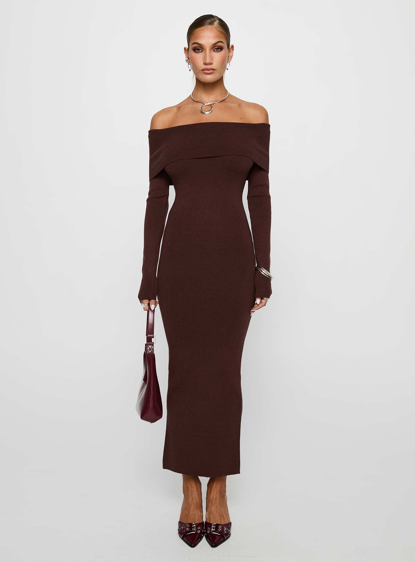Celestara Long Sleeve Off Shoulder Maxi Dress Chocolate