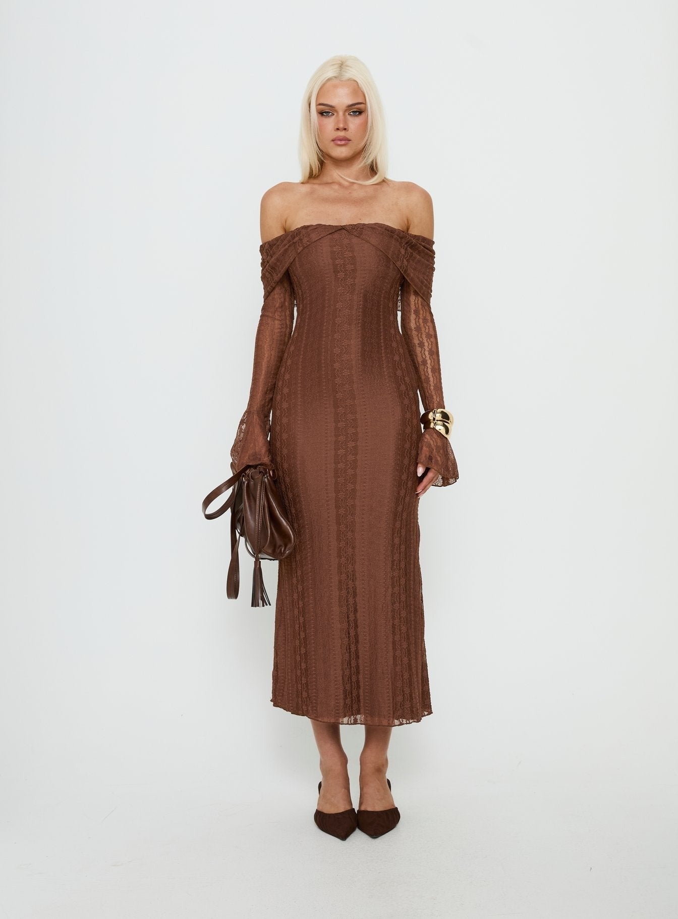 Perdita Long Sleeve Lace Maxi Dress Chocolate