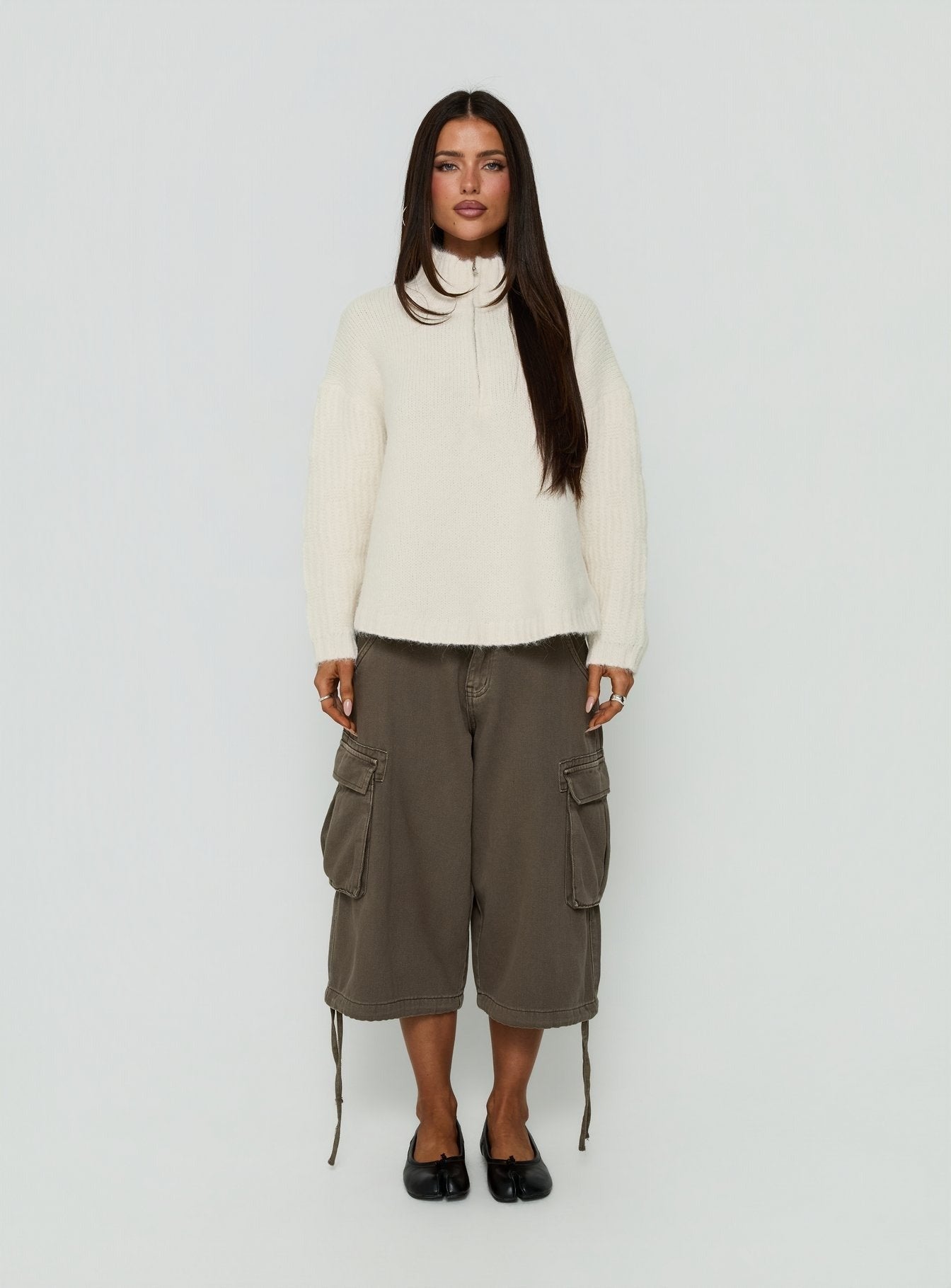 Klarina Rib Knit Quarter Zip Jumper Cream