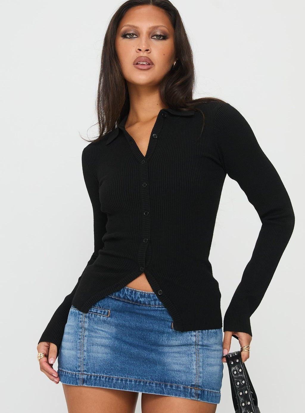 Rarity Collared Long Sleeve Top Black