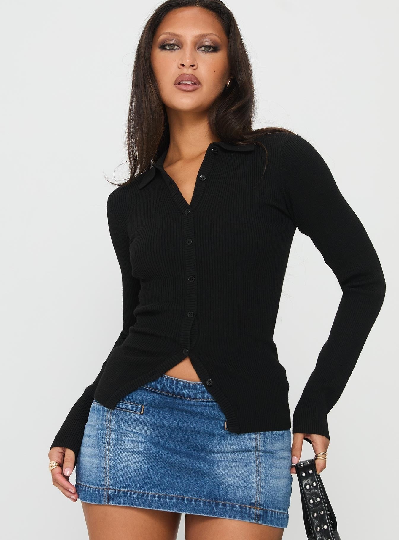 Rarity Collared Long Sleeve Top Black