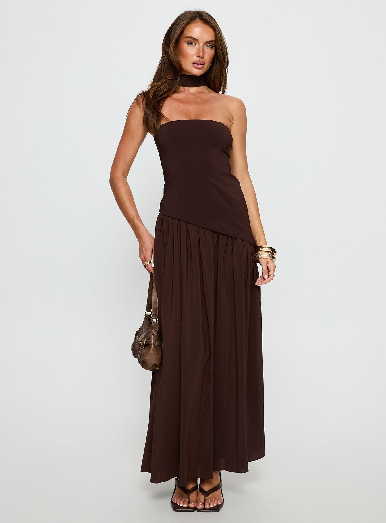 Odela Strapless Scarf Drop Waist Maxi Dress Chocolate