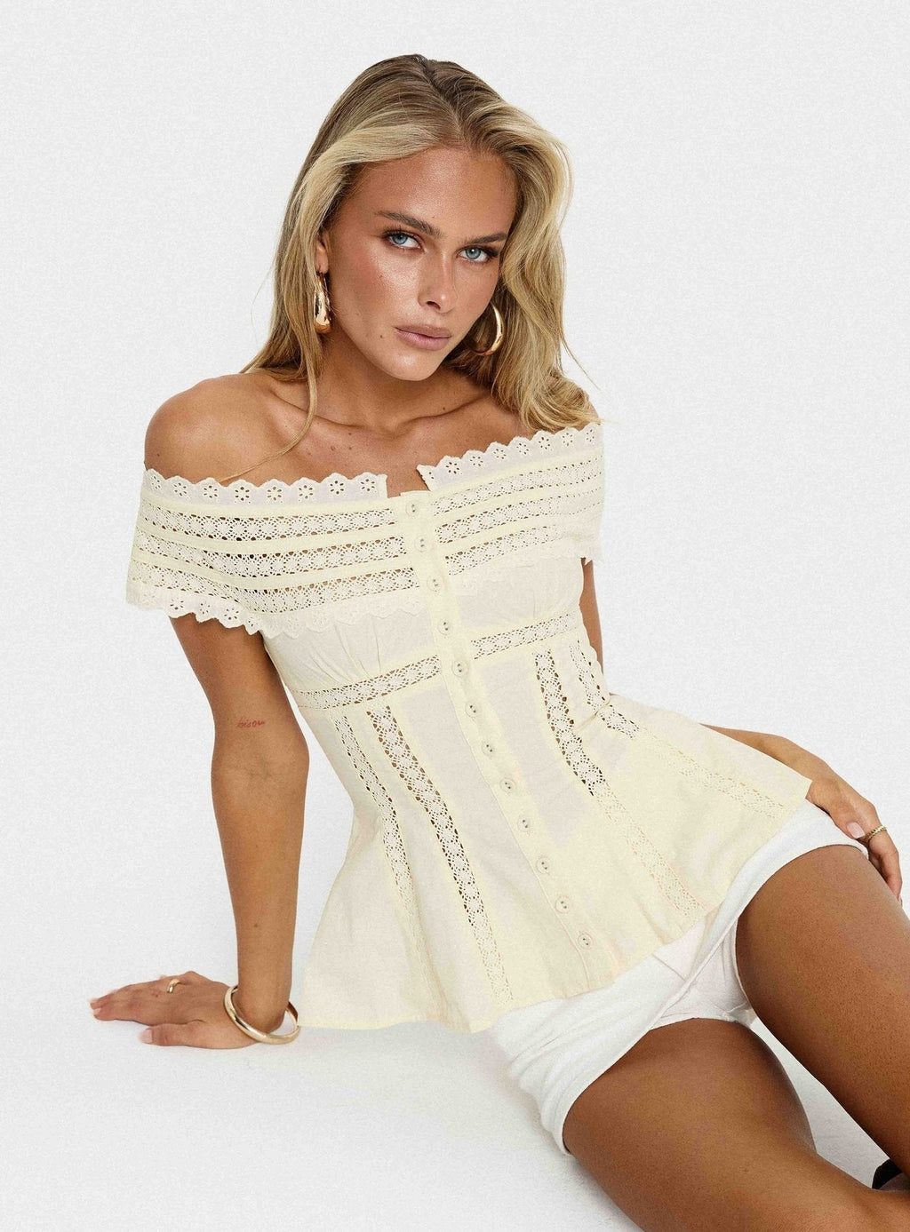 Stately Off Shoulder Lace Trim Top Lemon