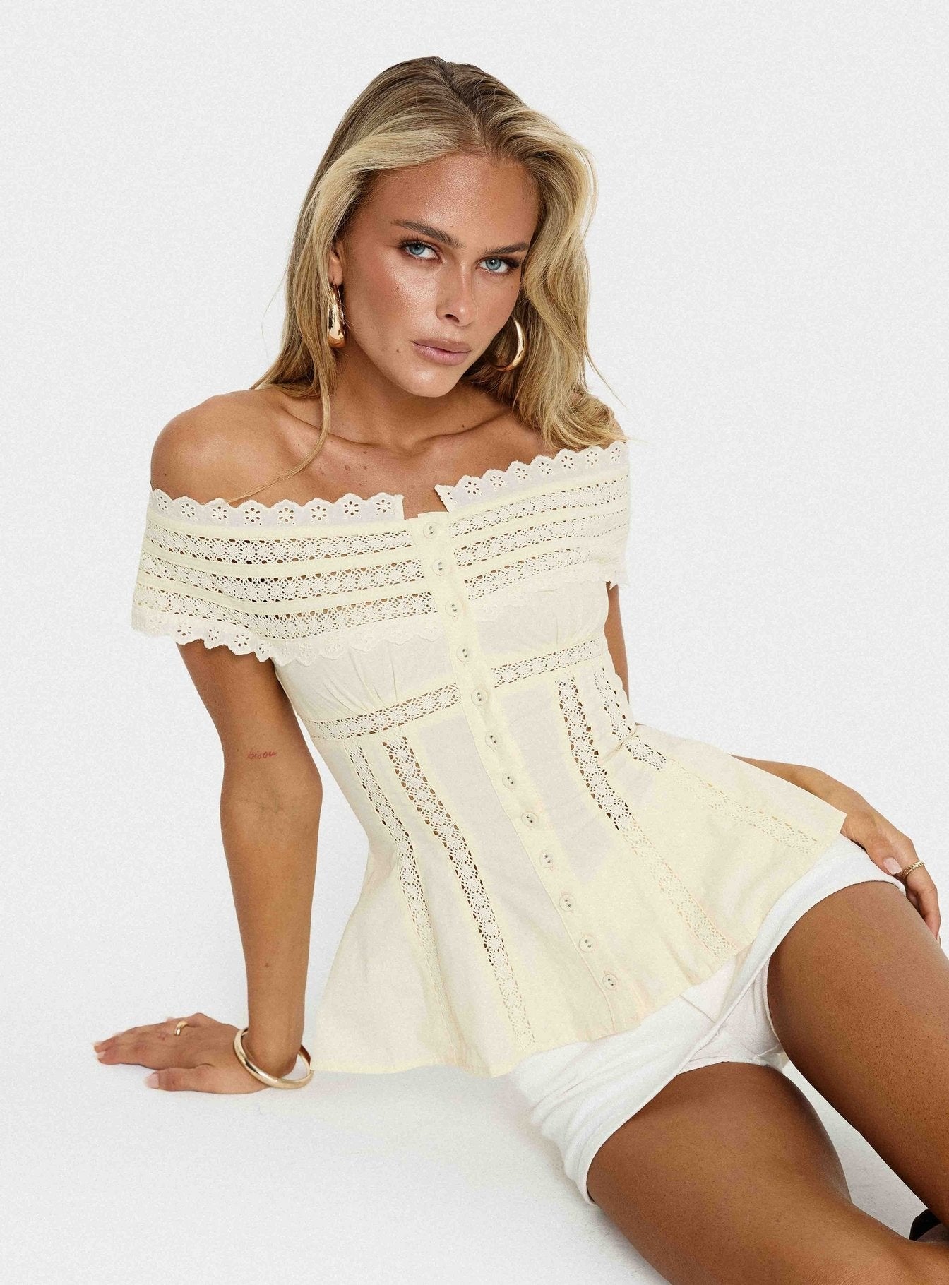 Stately Off Shoulder Lace Trim Top Lemon