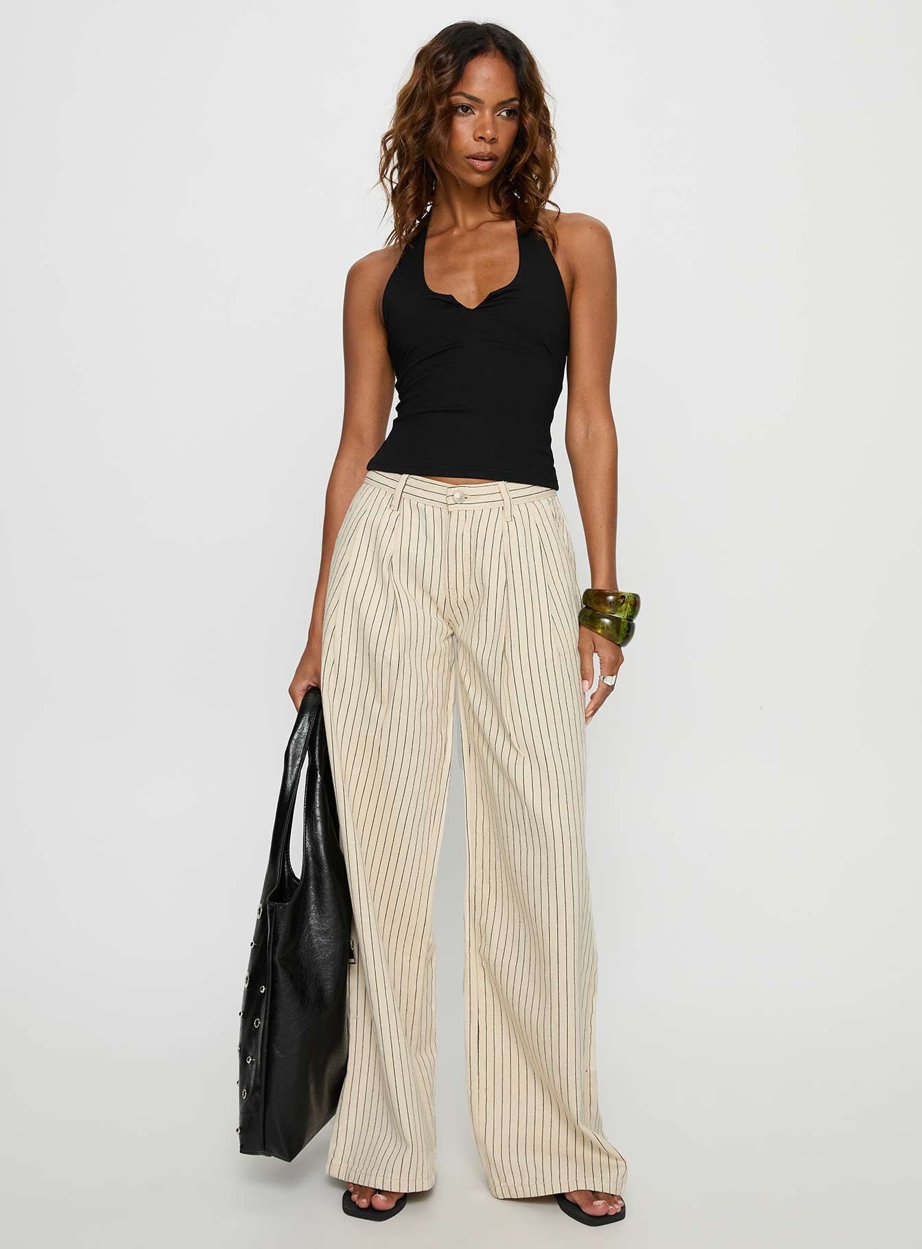 Frankee Wide Leg Mid Rise Denim Jeans Cream Stripe