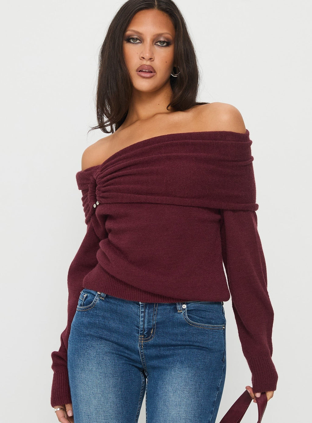 Viora Off Shoulder Knit Sweater Wine