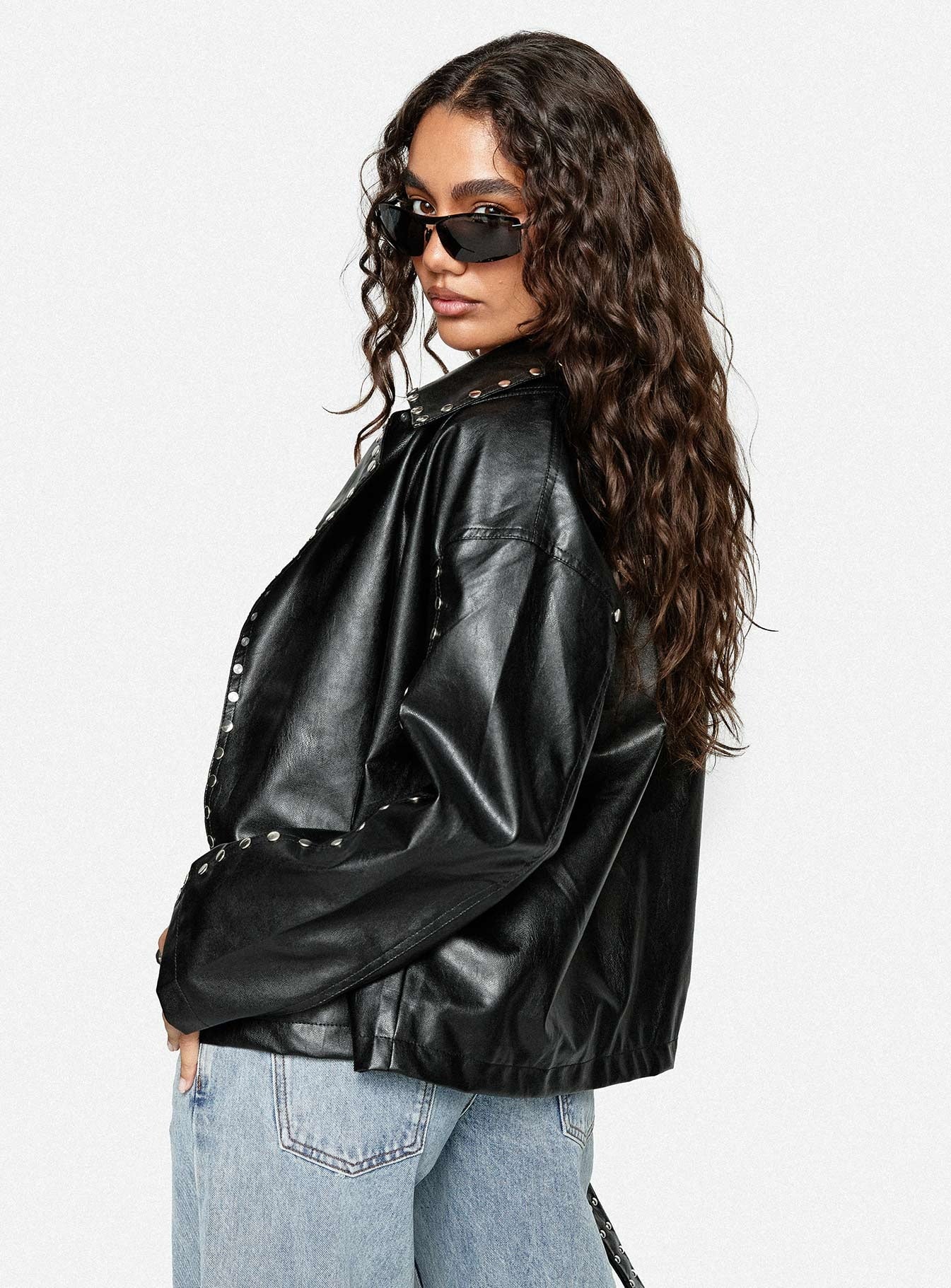 Kaeden Faux Leather Stud Detail Biker Jacket Black