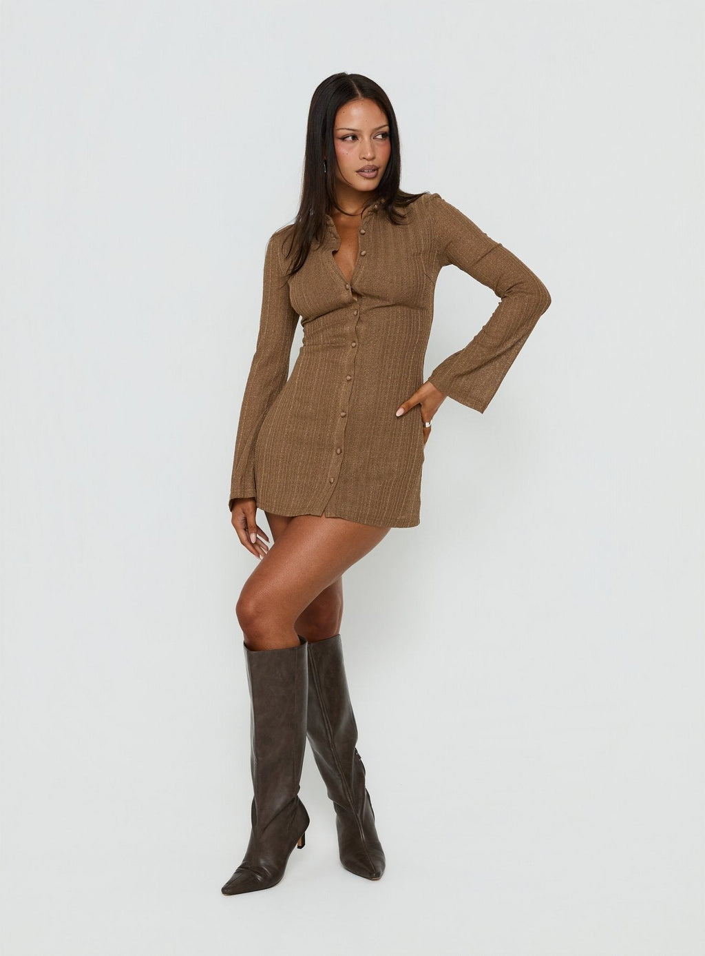 When You Sleep Long Sleeve Mini Dress Cocoa Brown
