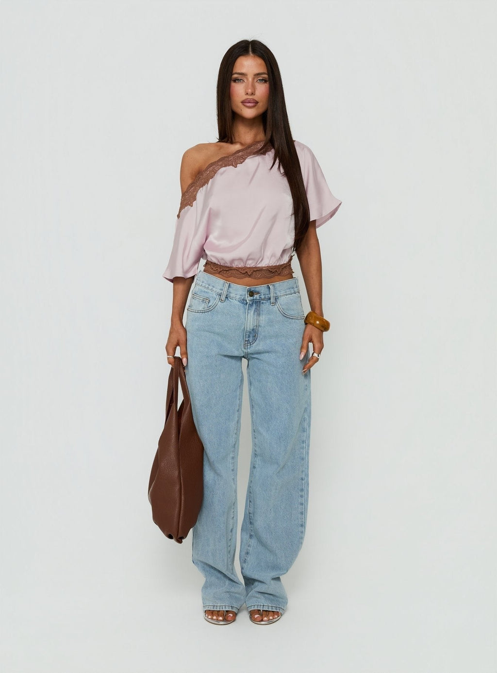 Full Send Off Shoulder Lace Trim Top Pink / Brown