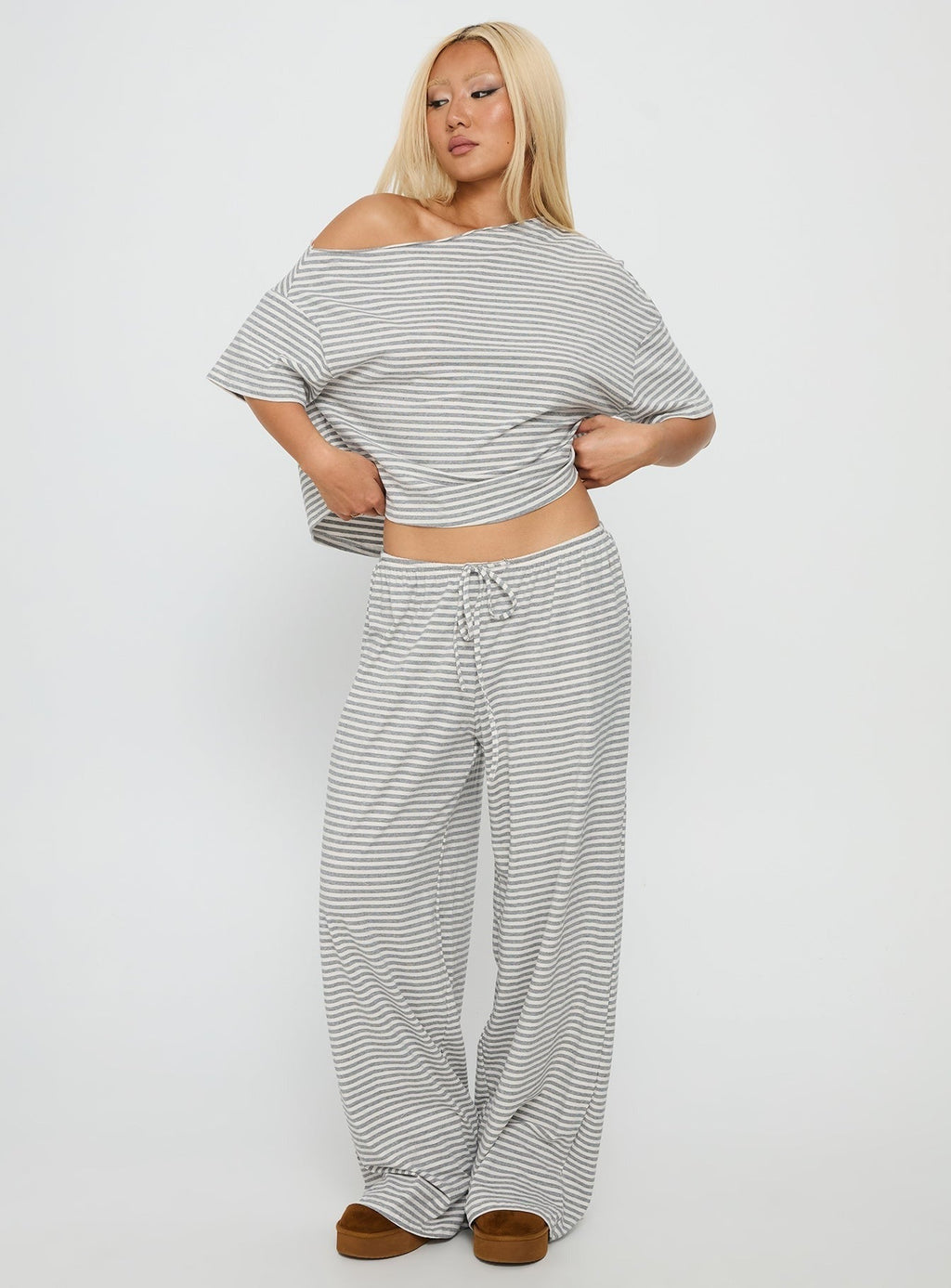 Tobie Off Shoulder Sleep Set Grey Stripe